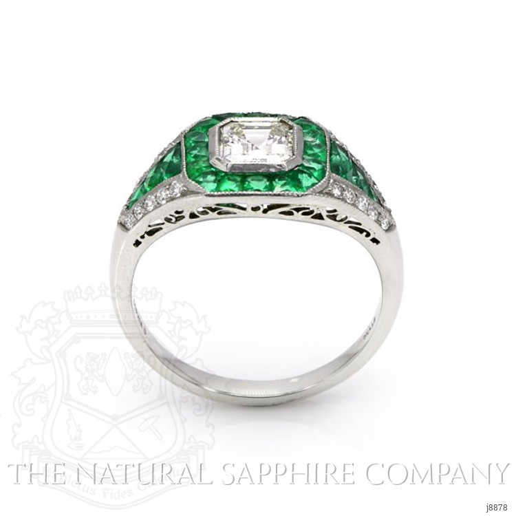 0.64 Ct. Natural Diamond and Emerald Antique Style Ring, Platinum 950
