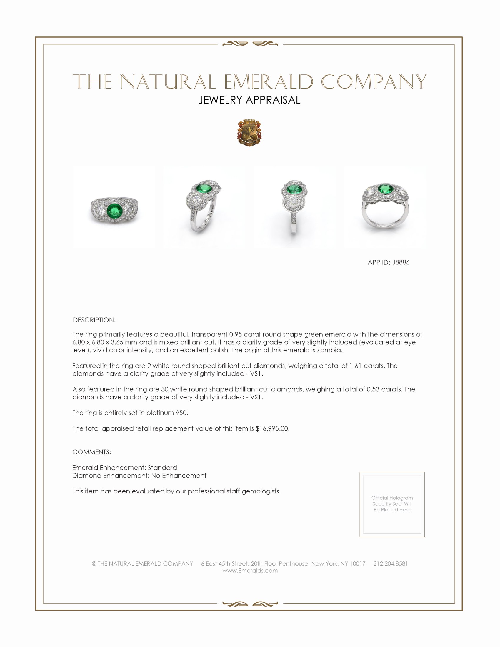 0.95 Ct. Emerald Natural Diamond Antique Style Ring, Platinum 950