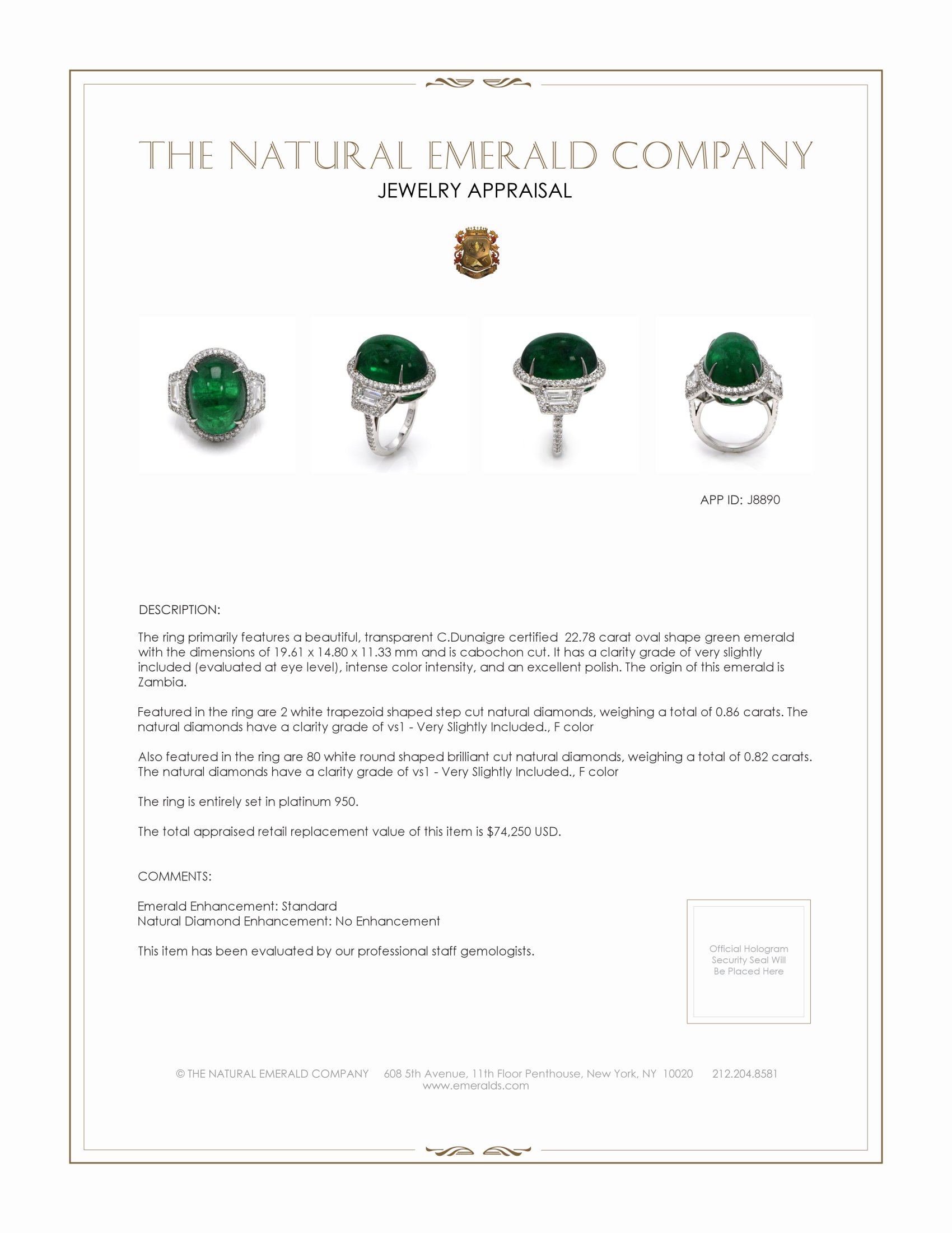 22.78 Ct. Emerald and Natural Diamond Three Stone Ring, Platinum 950