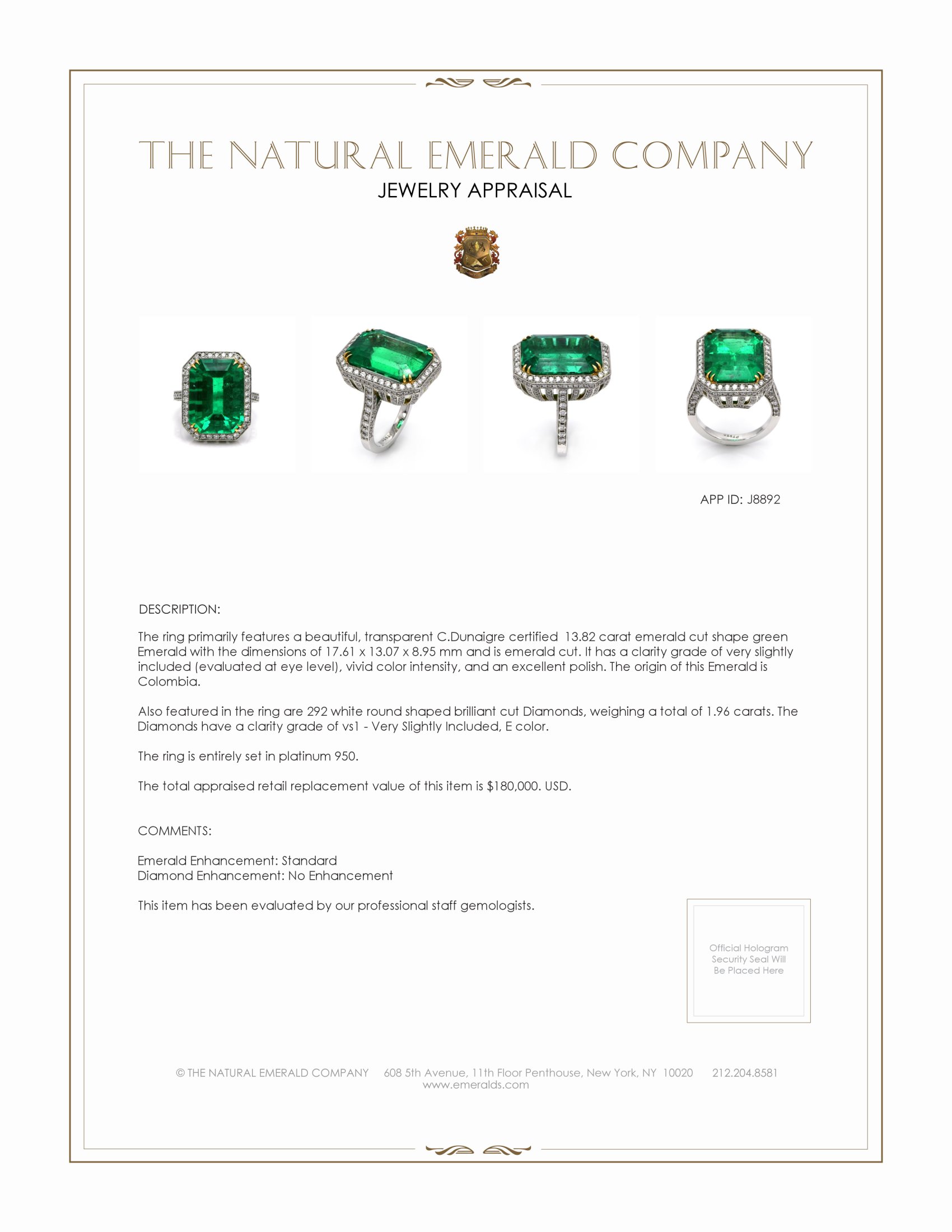 13.82 Ct. Emerald and Natural Diamond Pave Ring, Platinum 950