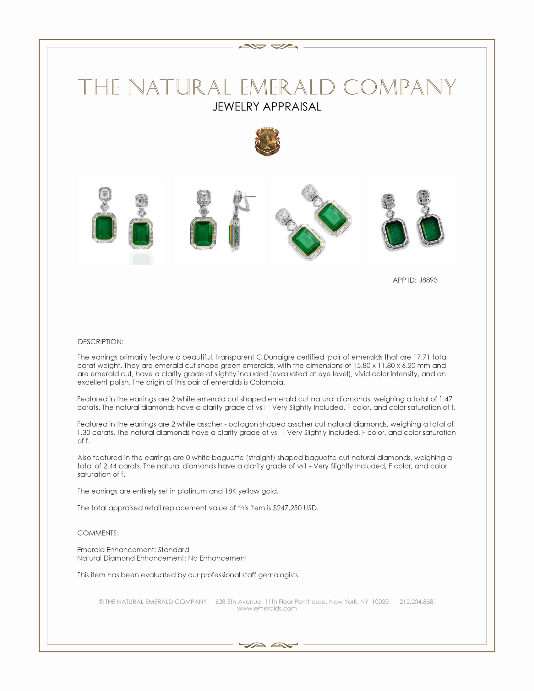 17.71 Ct.Tw. Emerald and Natural Diamond Pave Earrings, Platinum & 18K Yellow