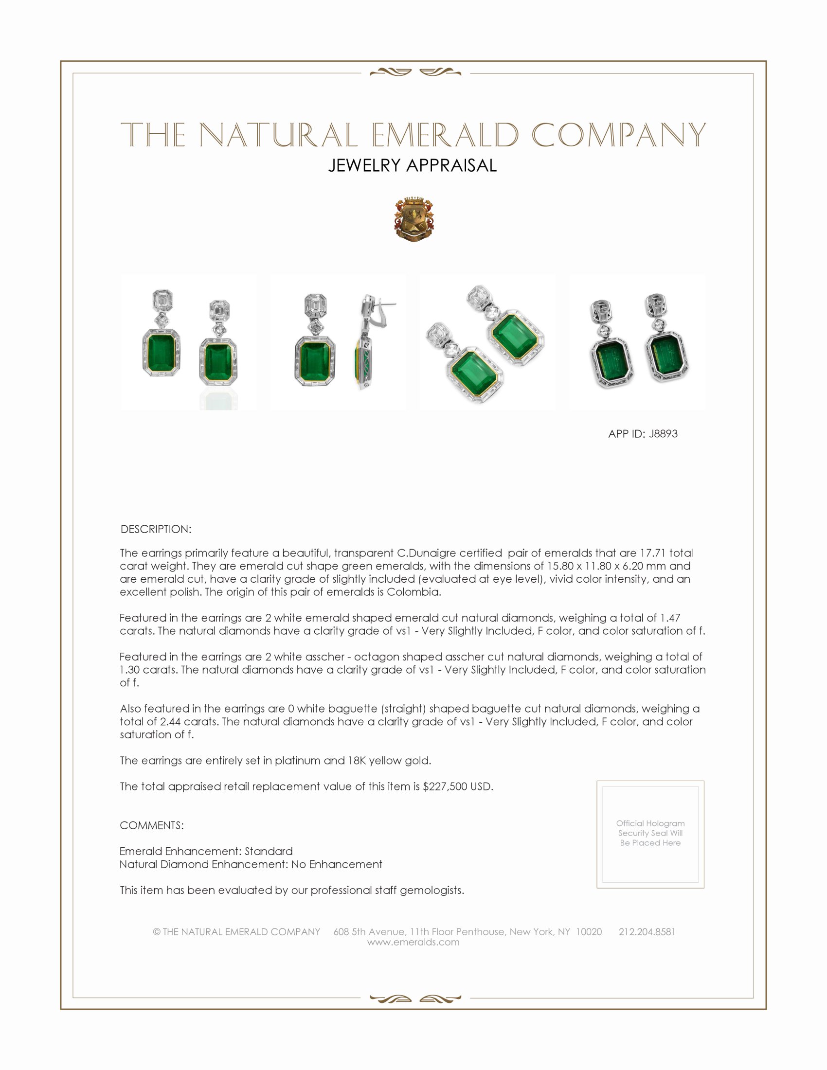 17.71 Ct.Tw. Emerald and Natural Diamond Pave Earrings, Platinum & 18K Yellow