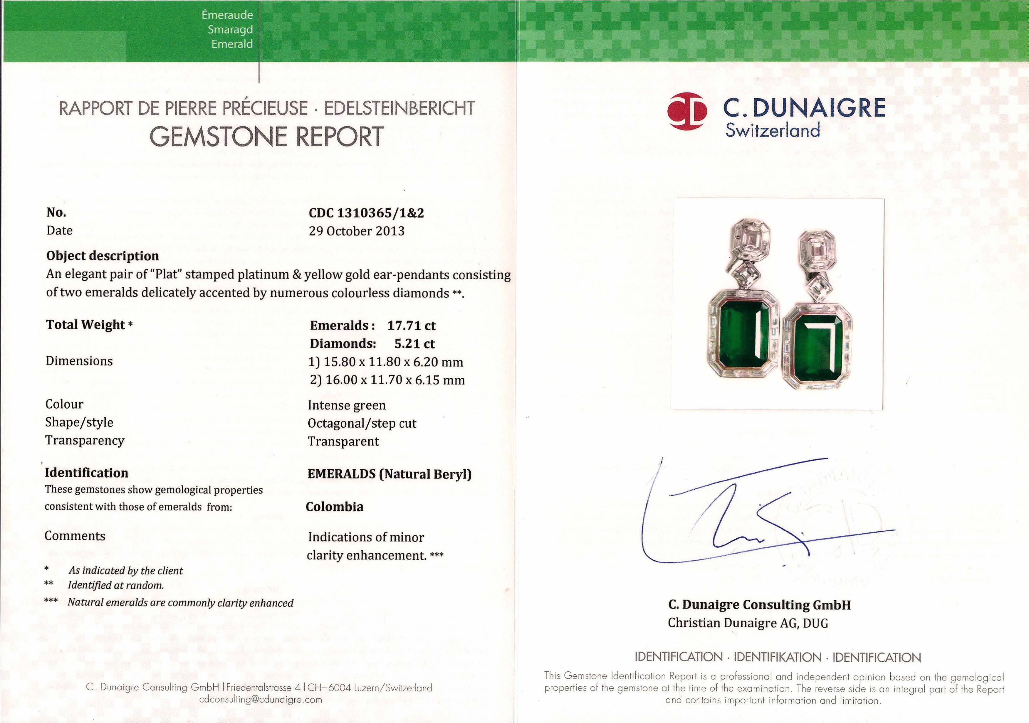 17.71 Ct.Tw. Emerald and Natural Diamond Pave Earrings, Platinum & 18K Yellow