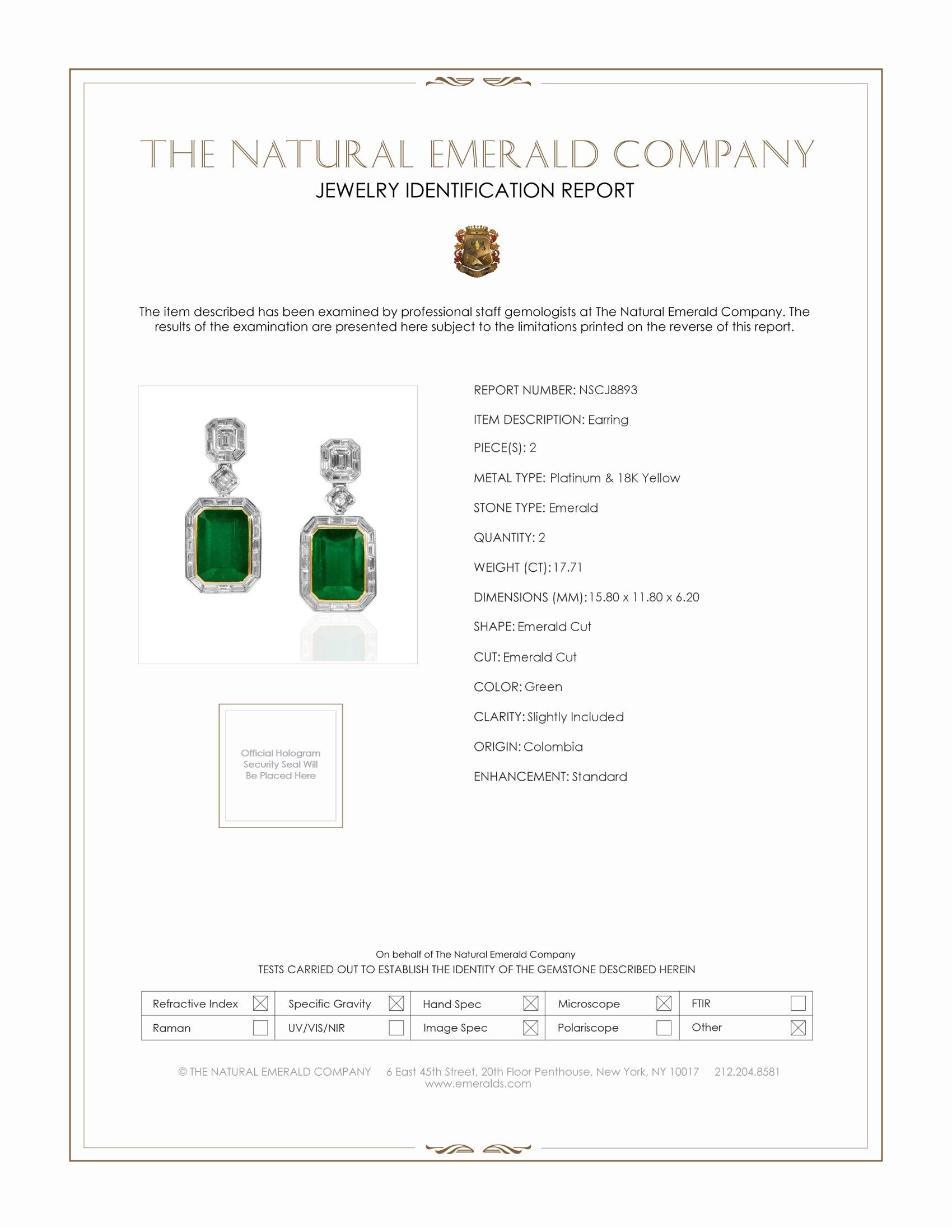 17.71 Ct.Tw. Emerald Diamond Pave Earrings, Platinum & 18K Yellow