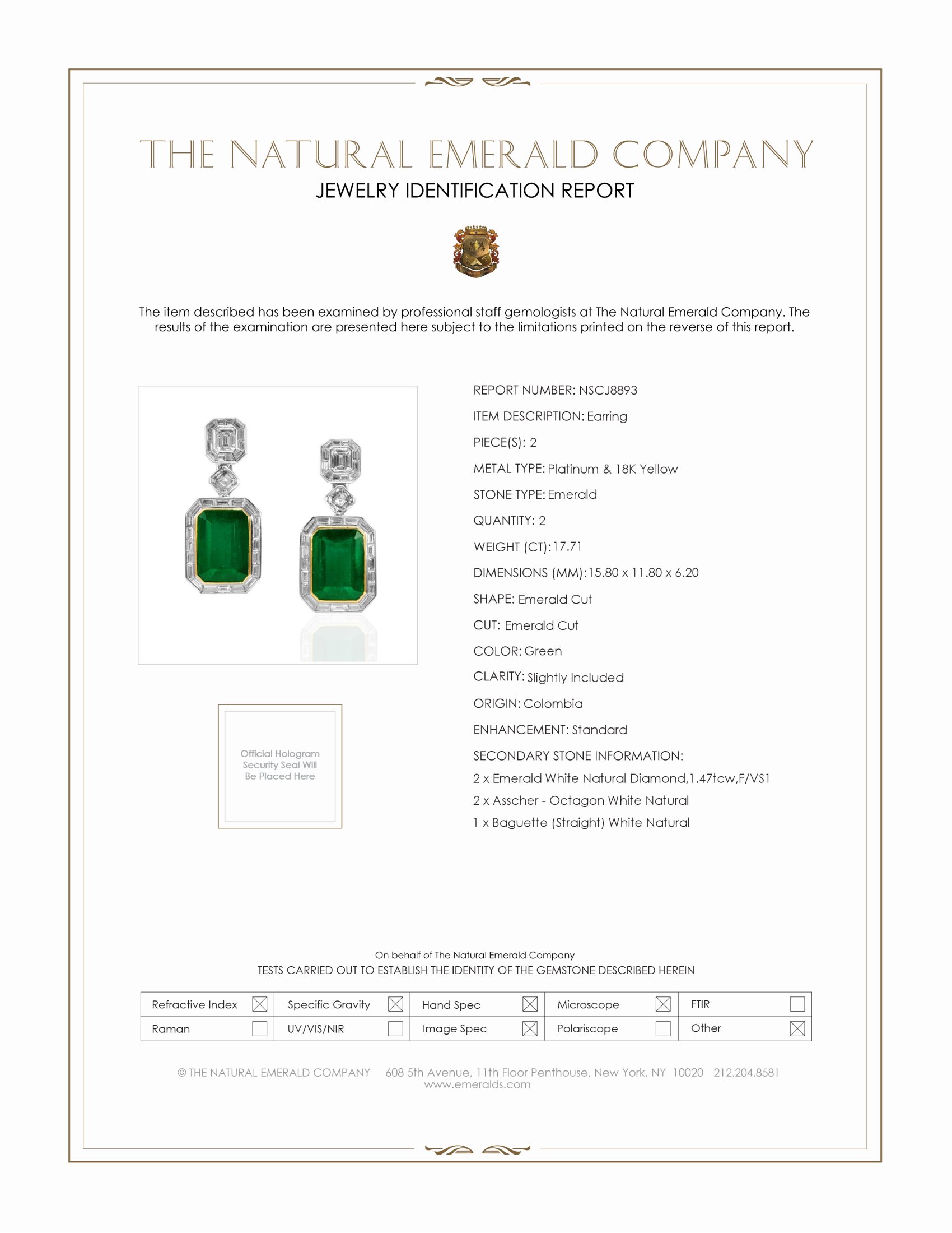 17.71 Ct.Tw. Emerald and Natural Diamond Pave Earrings, Platinum & 18K Yellow