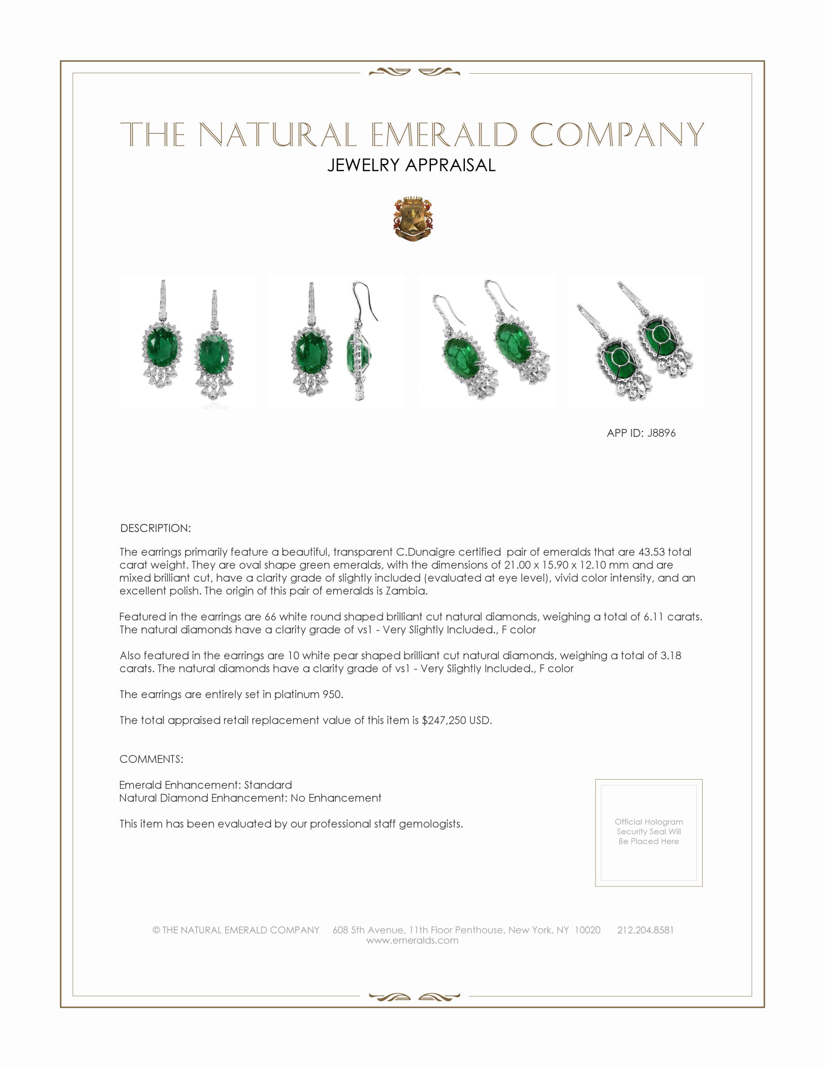 43.53 Ct.Tw. Emerald and Natural Diamond Pave Earrings, Platinum 950