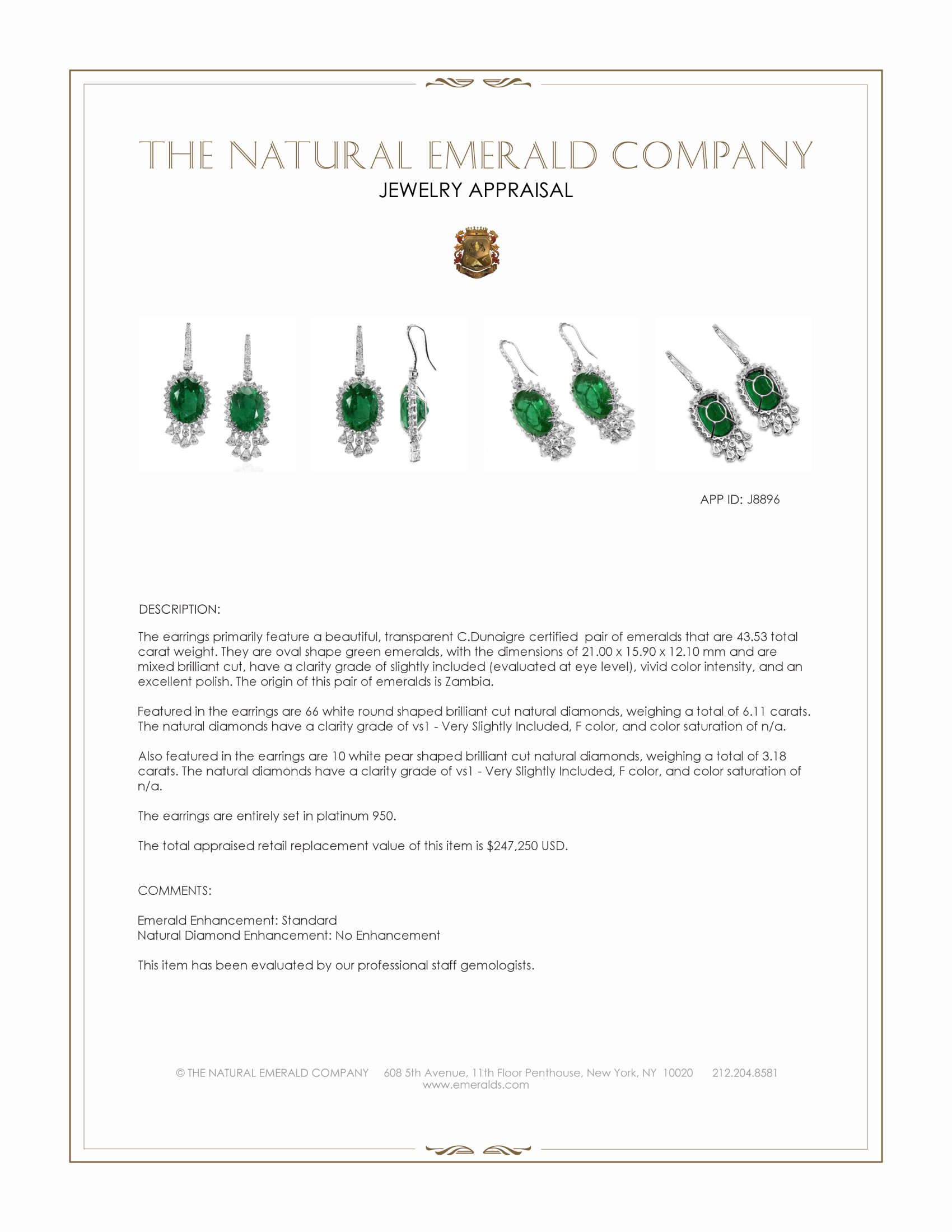 43.53 Ct.Tw. Emerald and Natural Diamond Pave Earrings, Platinum 950