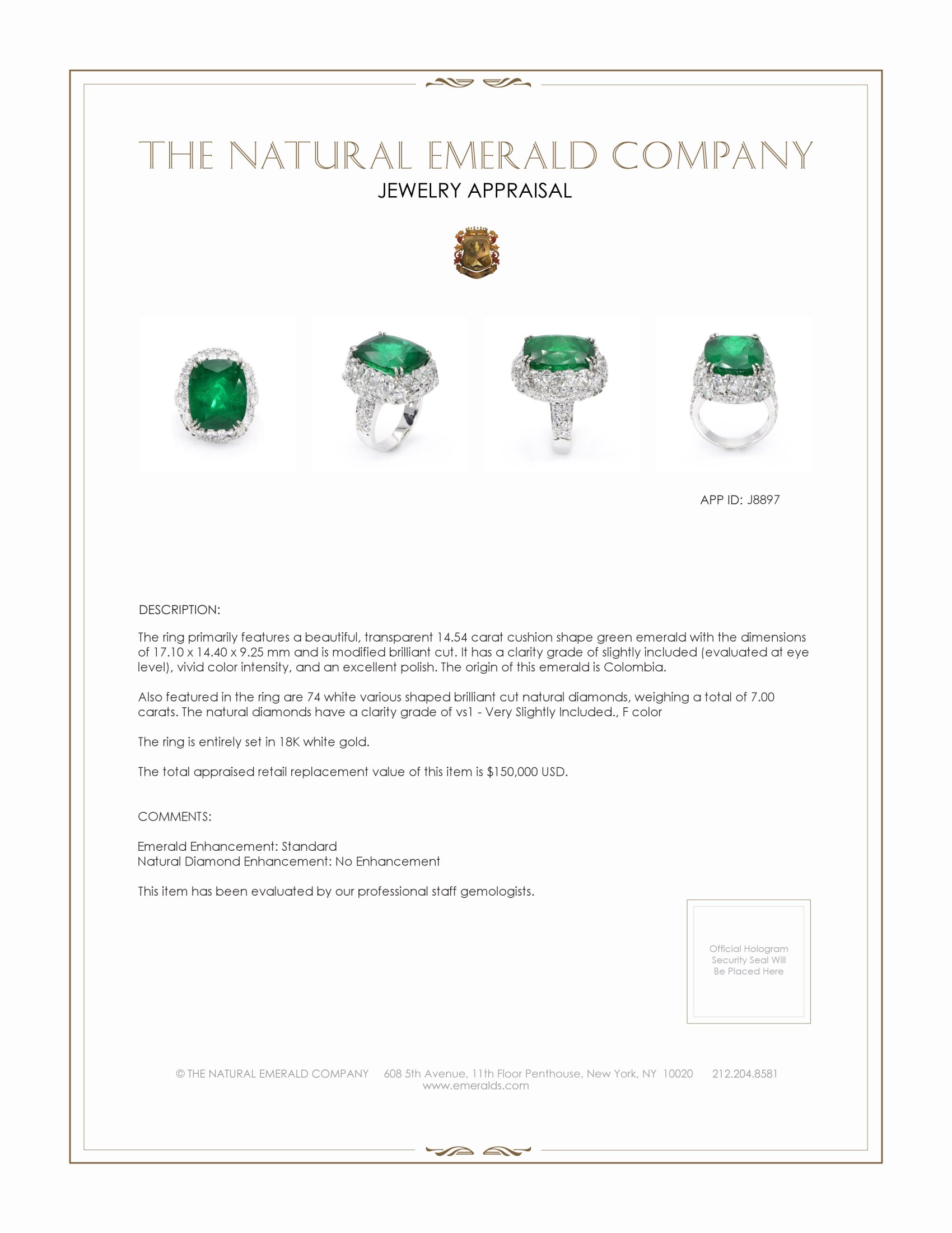 14.54 Ct. Emerald and Natural Diamond Antique Style Ring, 18K White Gold