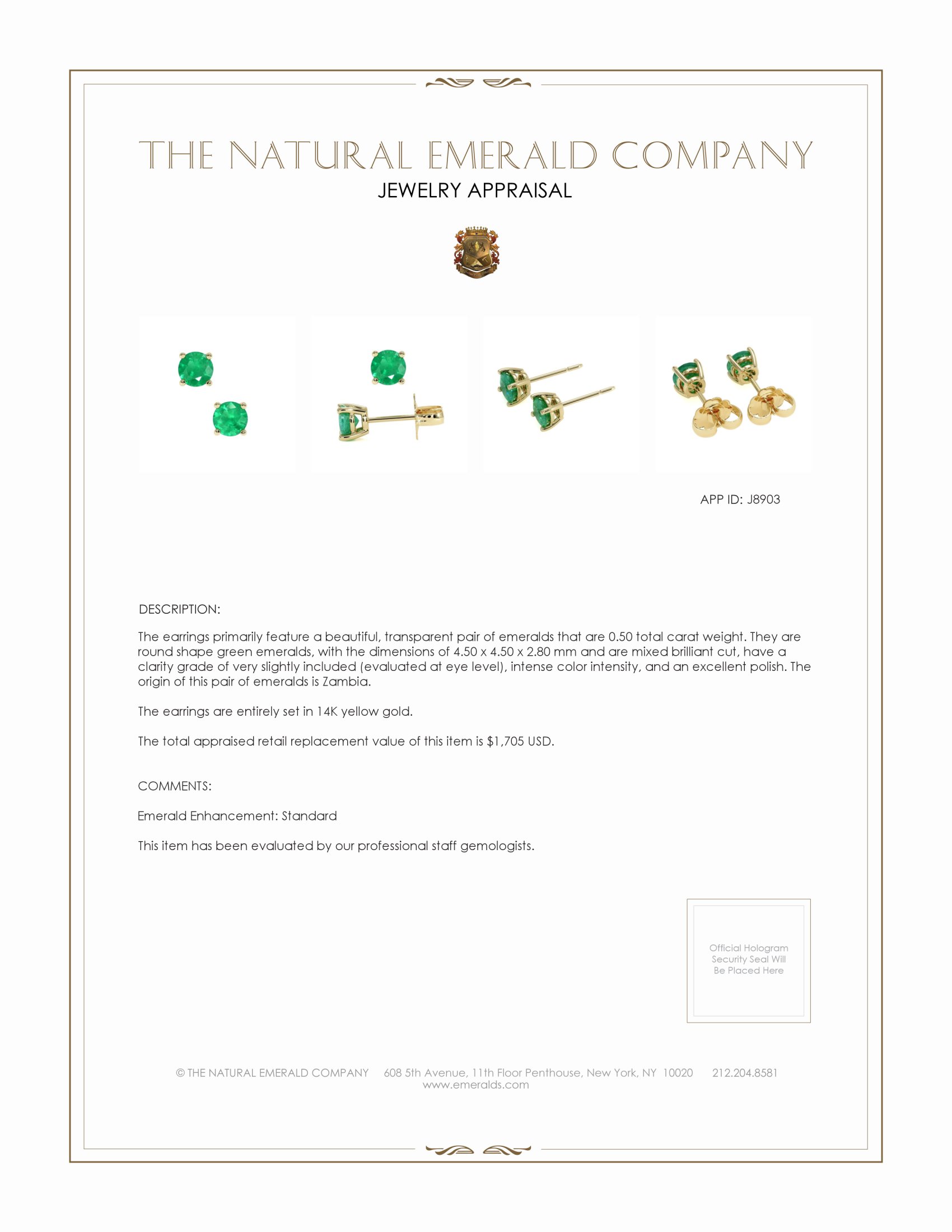 0.50 Ct.Tw. Emerald Studs Earrings, 14K Yellow Gold