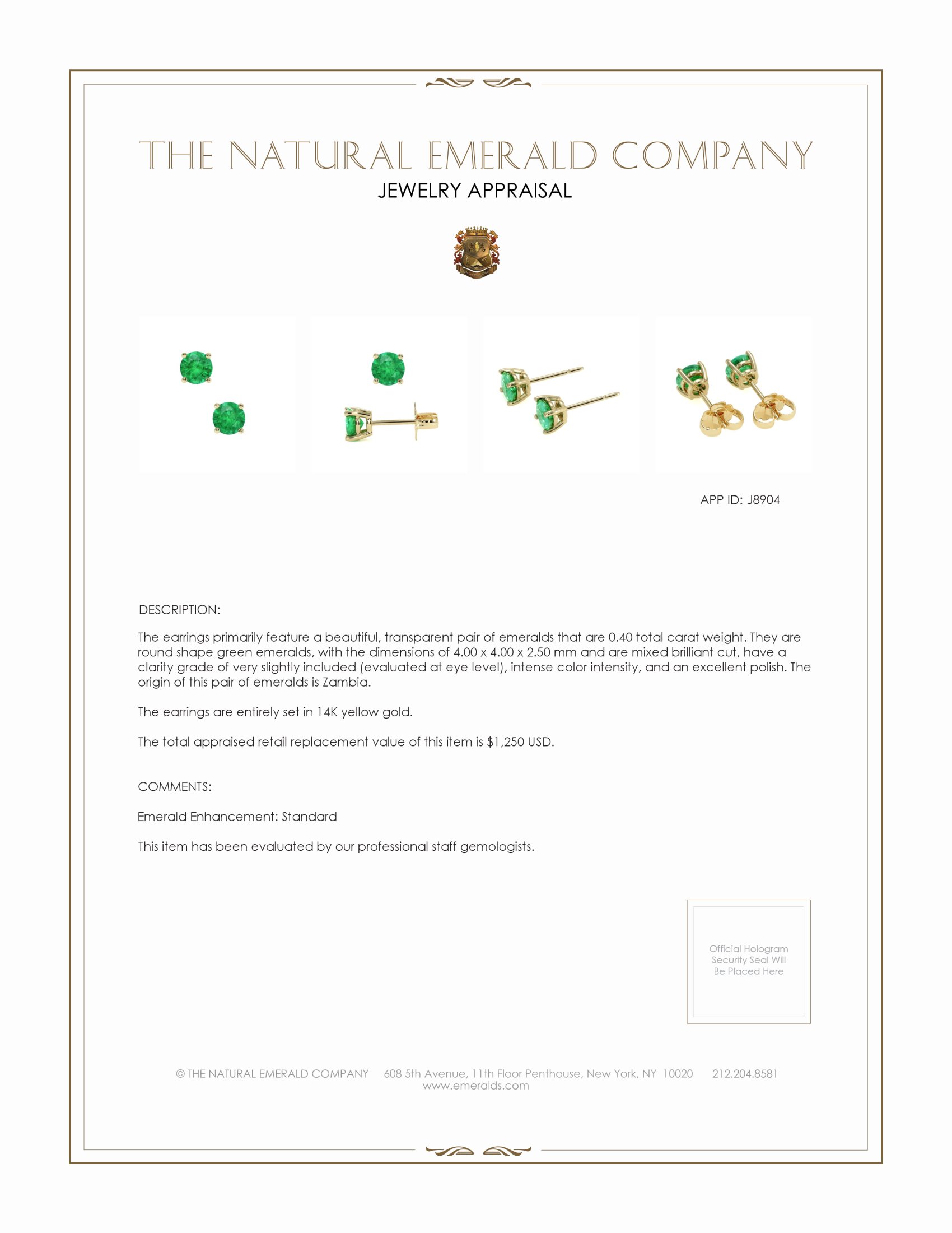 0.40 Ct.Tw. Emerald Studs Earrings, 14K Yellow Gold