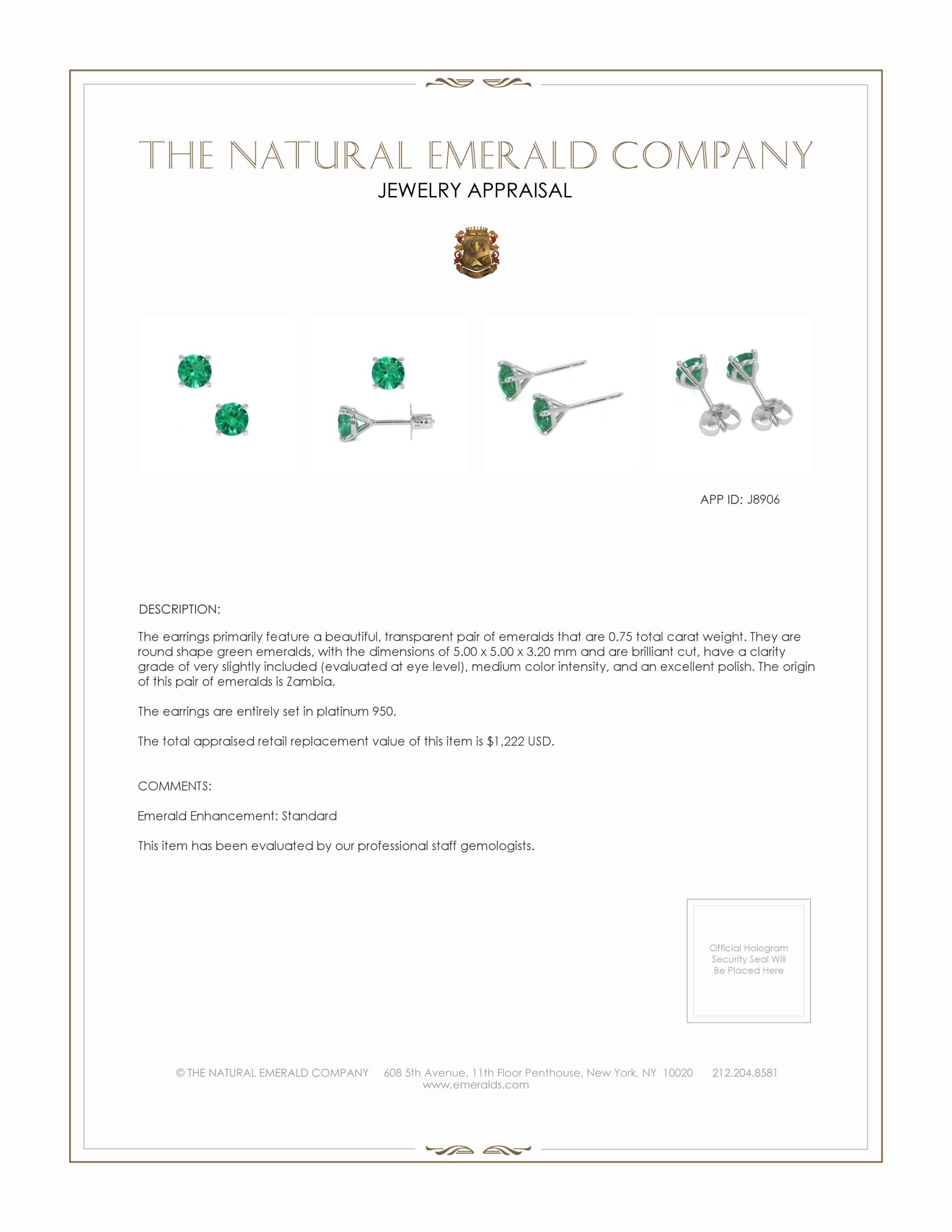 0.75 Ct.Tw. Emerald Studs Earrings, Platinum 950