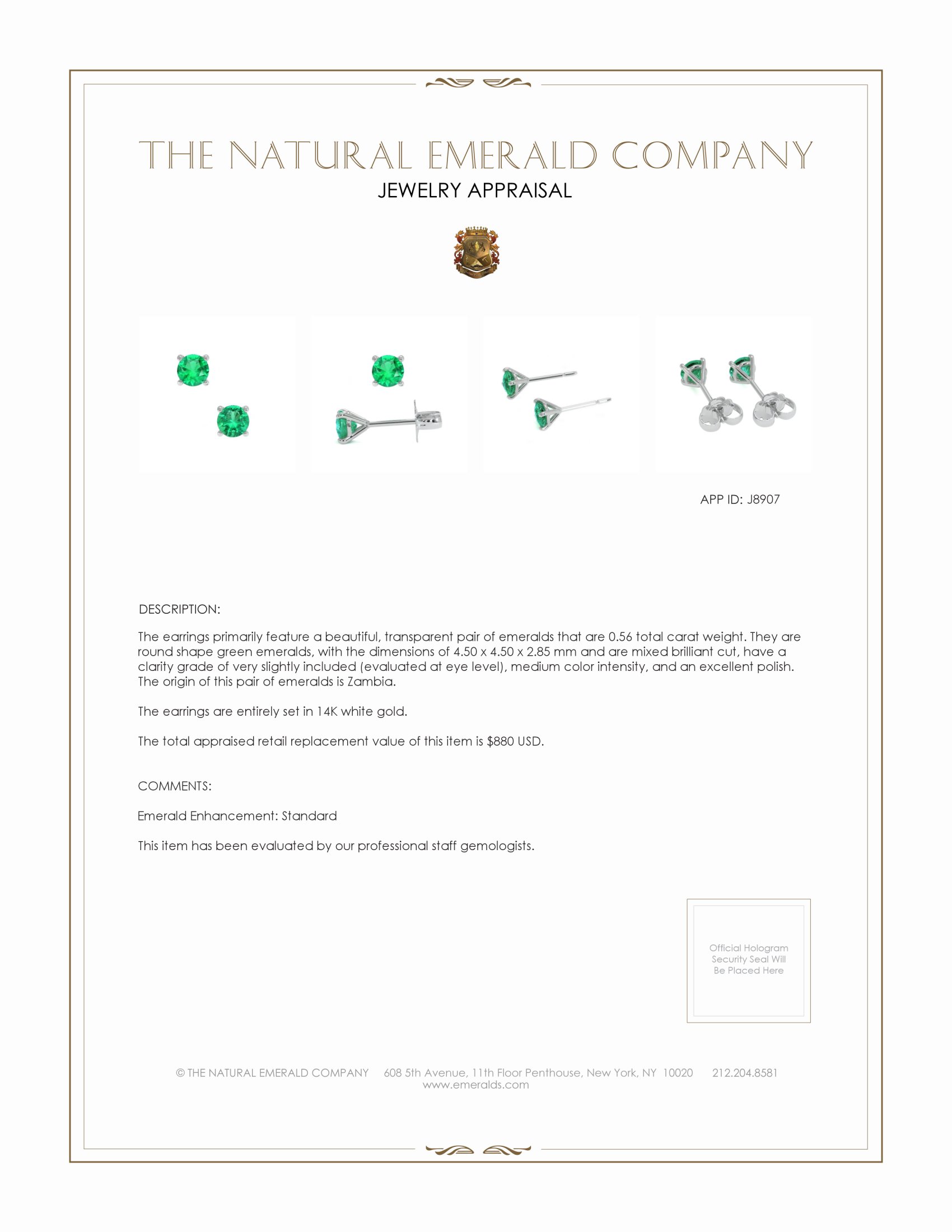 0.56 Ct.Tw. Emerald Studs Earrings, 14K White Gold