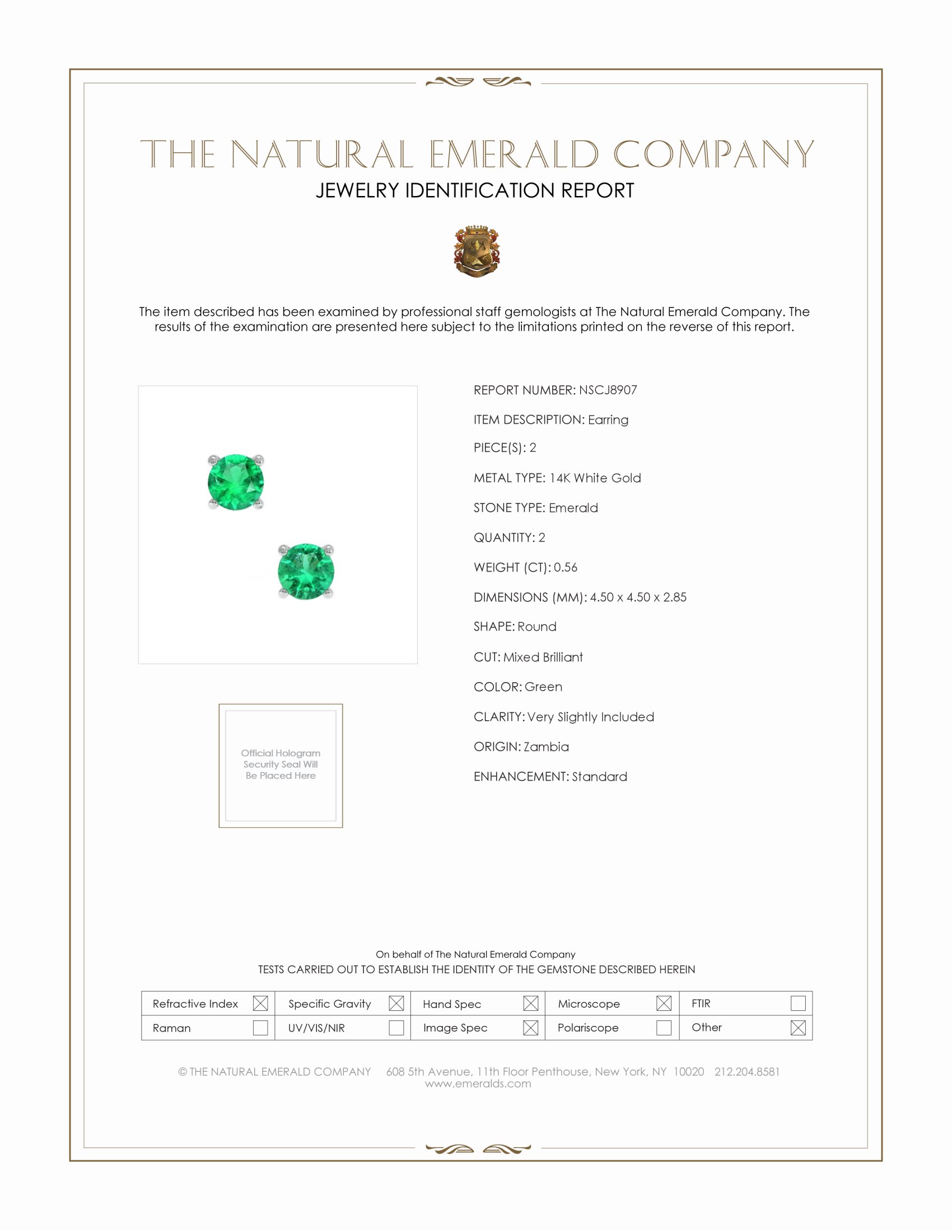 0.56 Ct.Tw. Emerald Studs Earrings, 14K White Gold