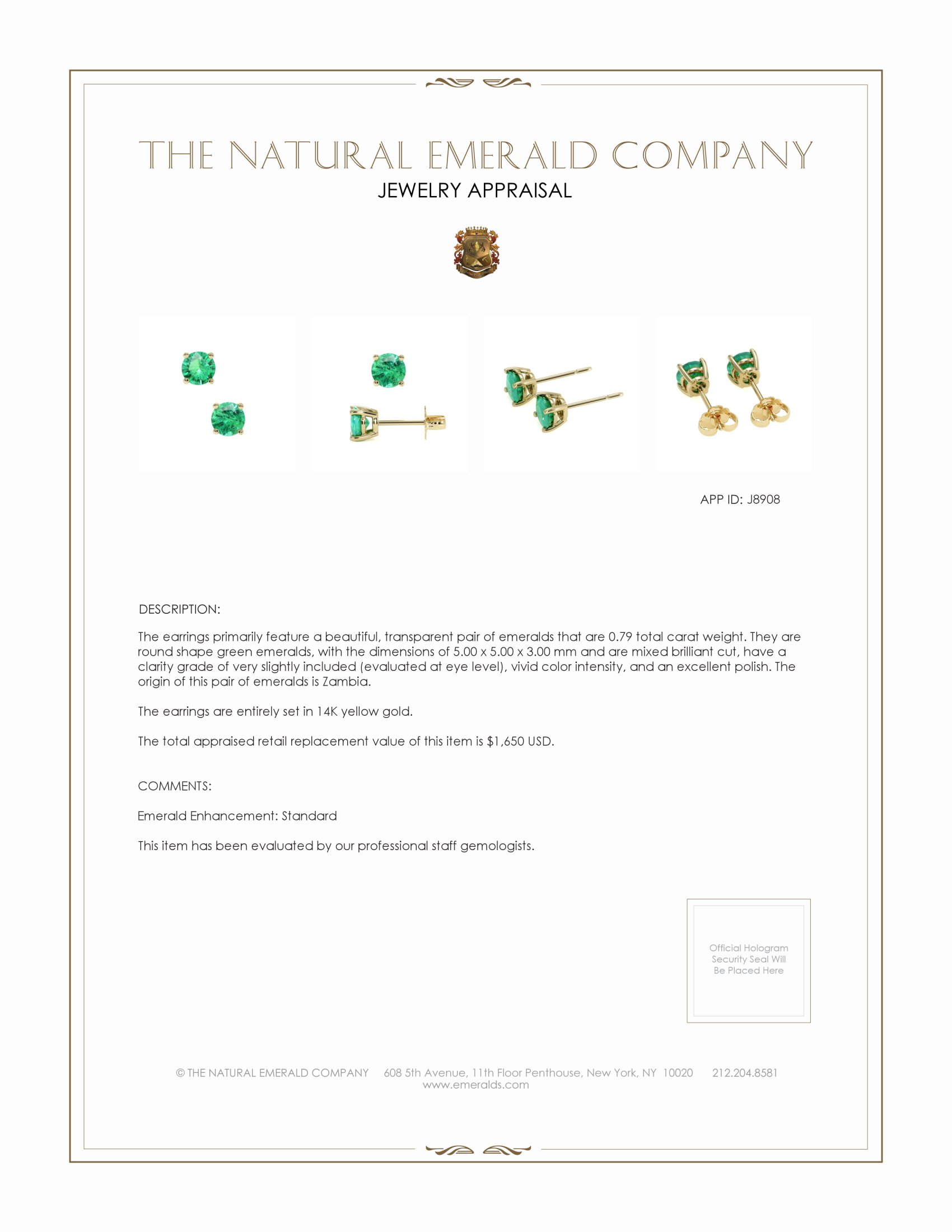0.79 Ct.Tw. Emerald Studs Earrings, 14K Yellow Gold