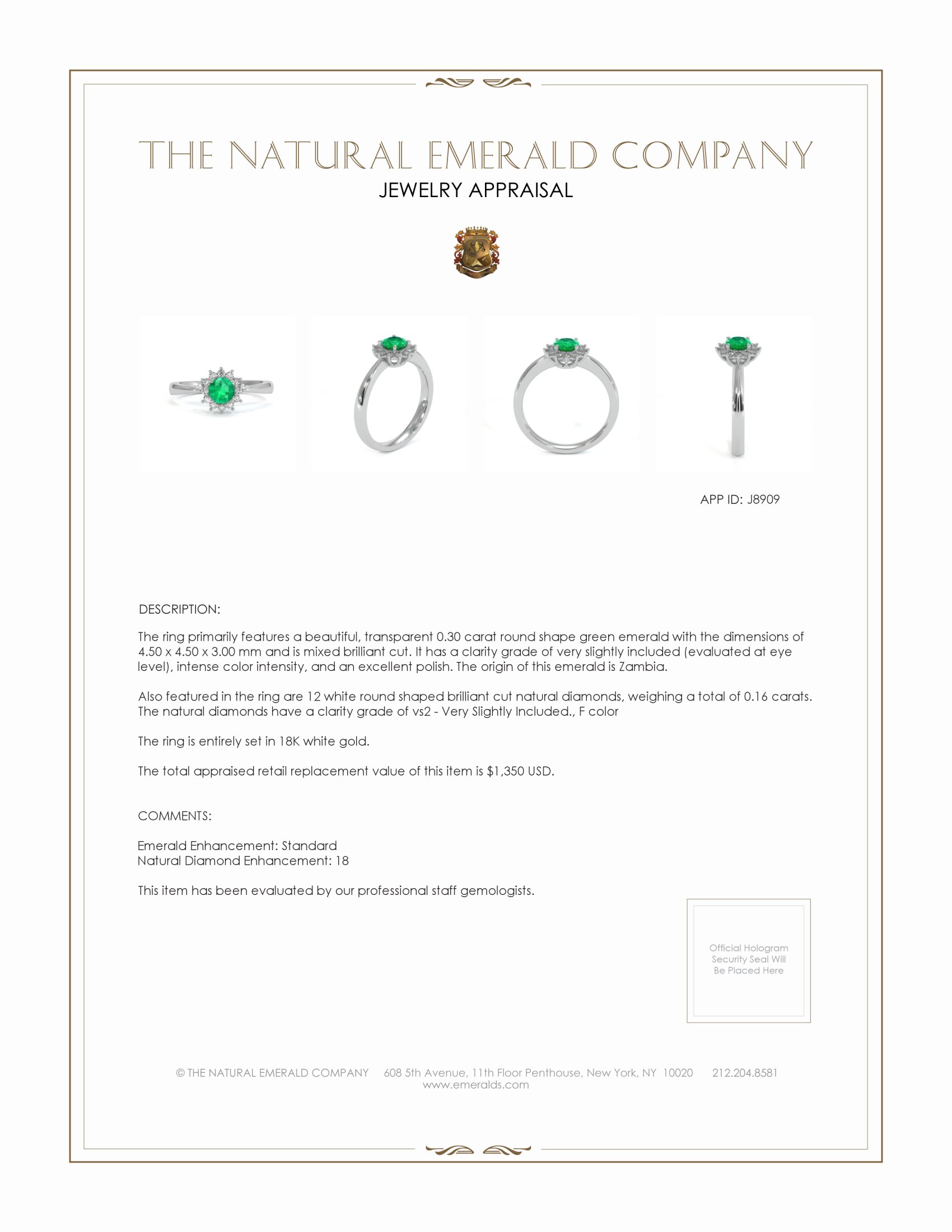 0.30 Ct. Emerald and Natural Diamond Pave Ring, 18K White Gold