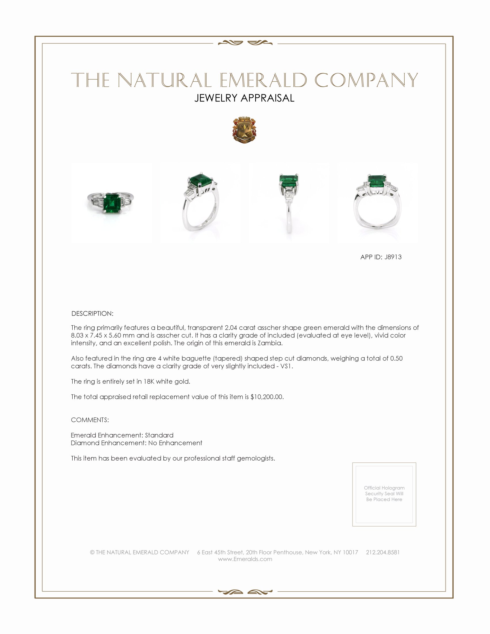 2.04 Ct. Emerald Natural Diamond Ring, 18K White Gold