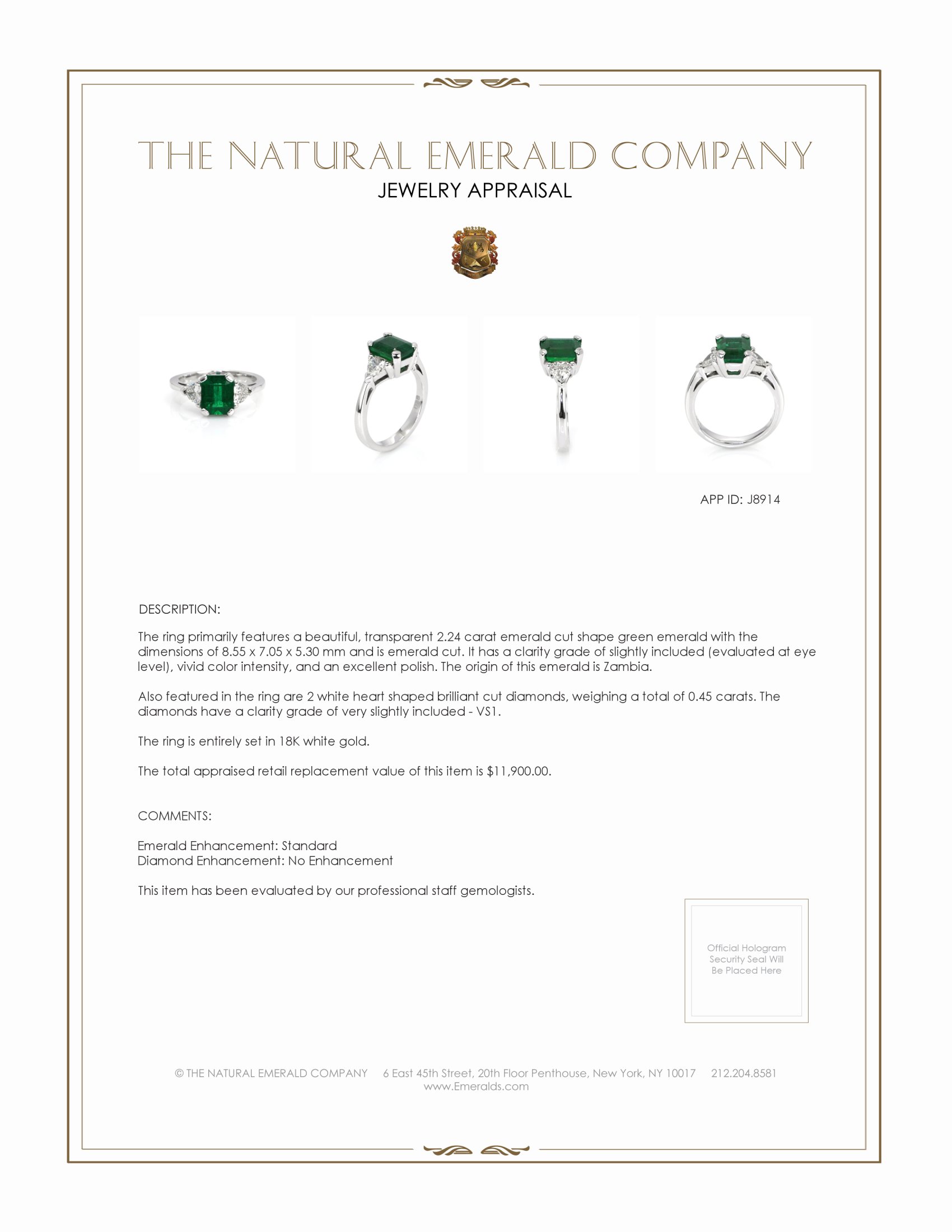 2.24 Ct. Emerald and Natural Diamond Ring, 18K White Gold