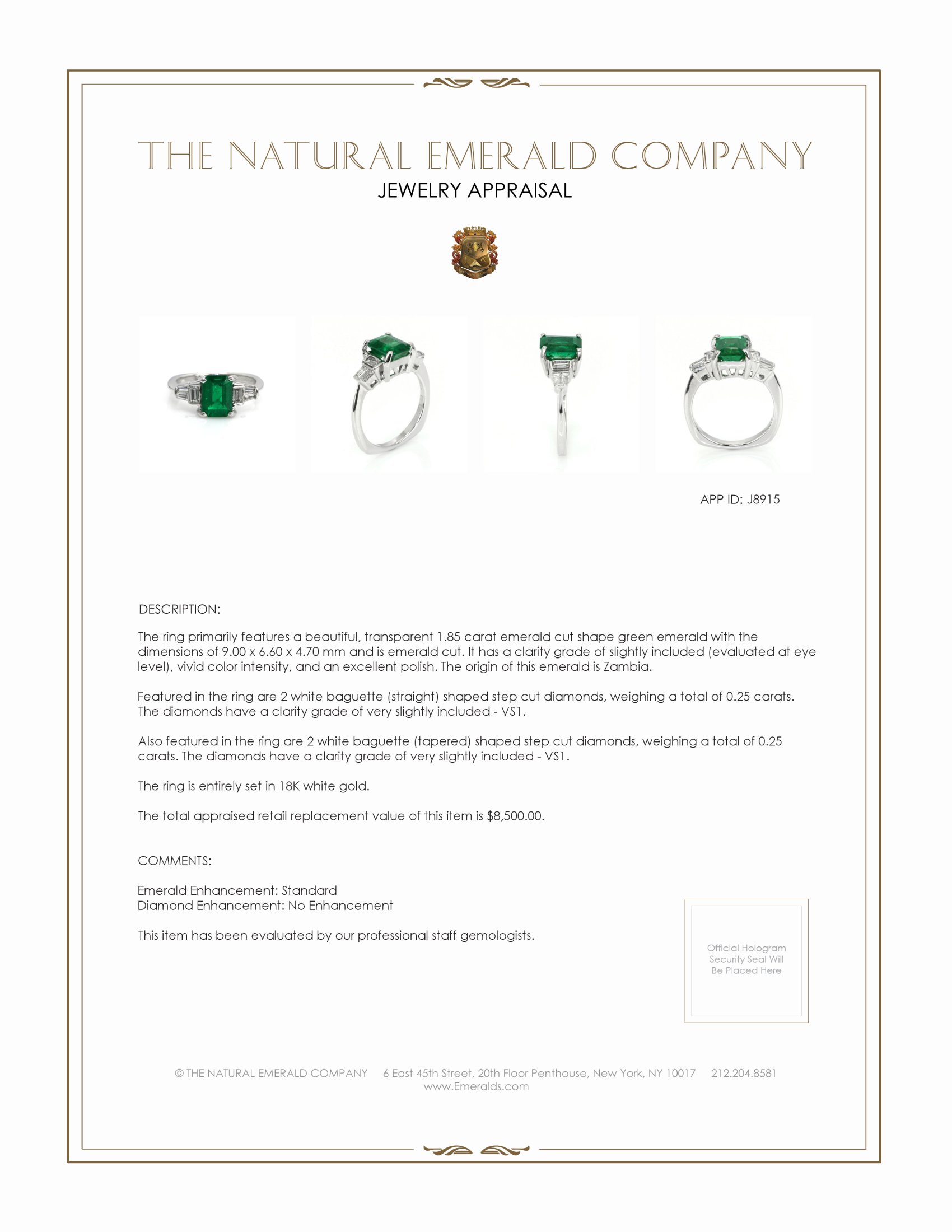 1.85 Ct. Emerald and Natural Diamond Ring, 18K White Gold