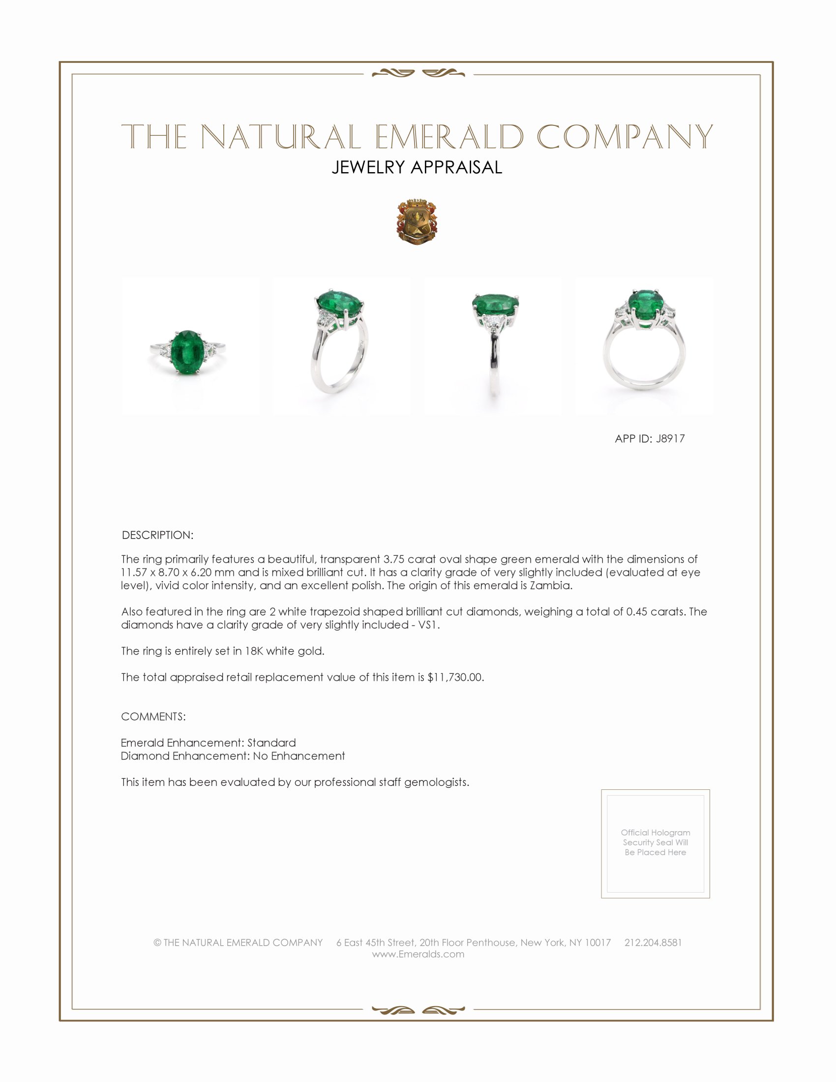 3.75 Ct. Emerald and Natural Diamond Three Stone Ring, 18K White Gold
