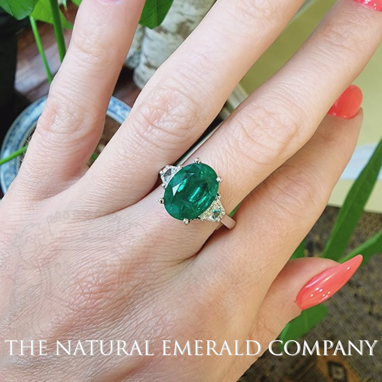 3.75 Ct. Emerald and Natural Diamond Three Stone Ring, 18K White Gold