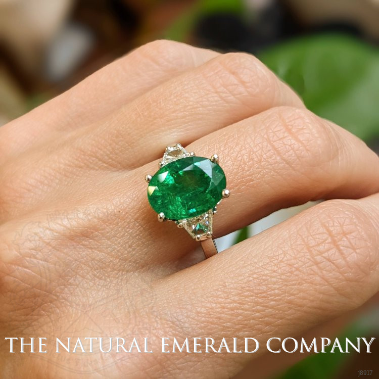 3.75 Ct. Emerald and Natural Diamond Three Stone Ring, 18K White Gold