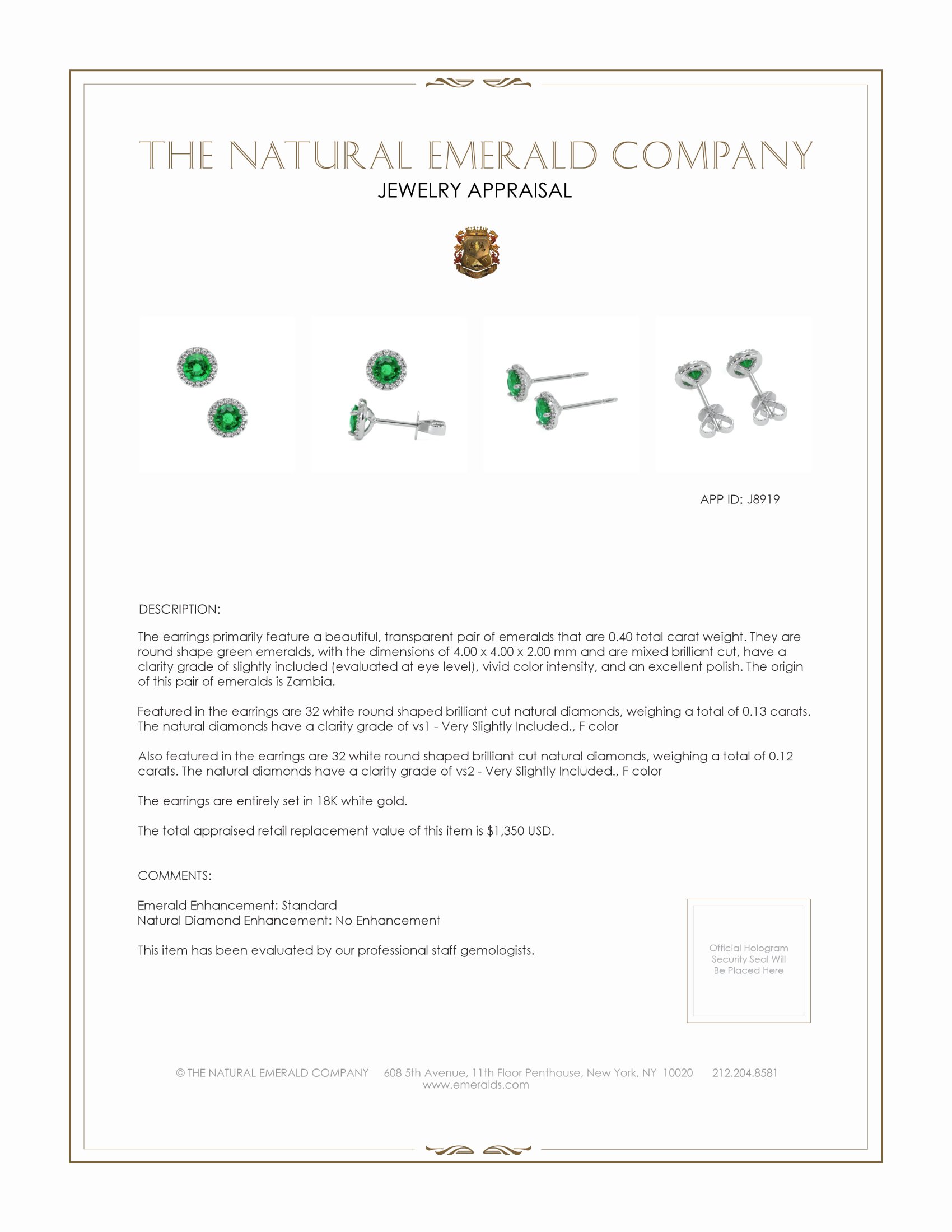 0.40 Ct.Tw. Emerald and Natural Diamond Studs Earrings, 18K White Gold
