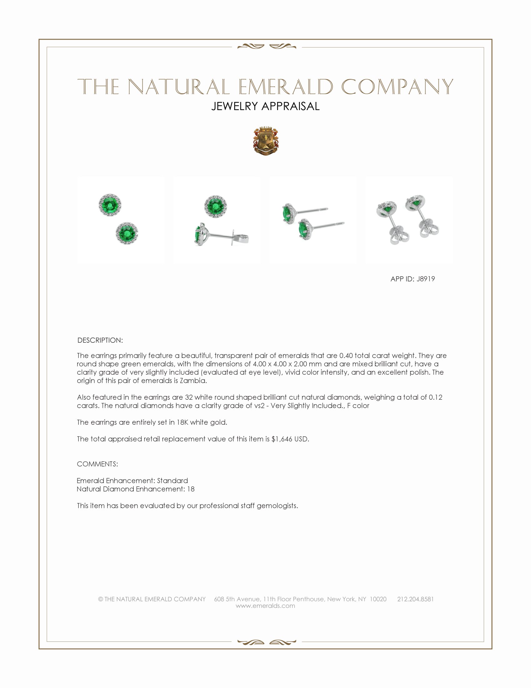 0.40 Ct.Tw. Emerald and Natural Diamond Studs Earrings, 18K White Gold