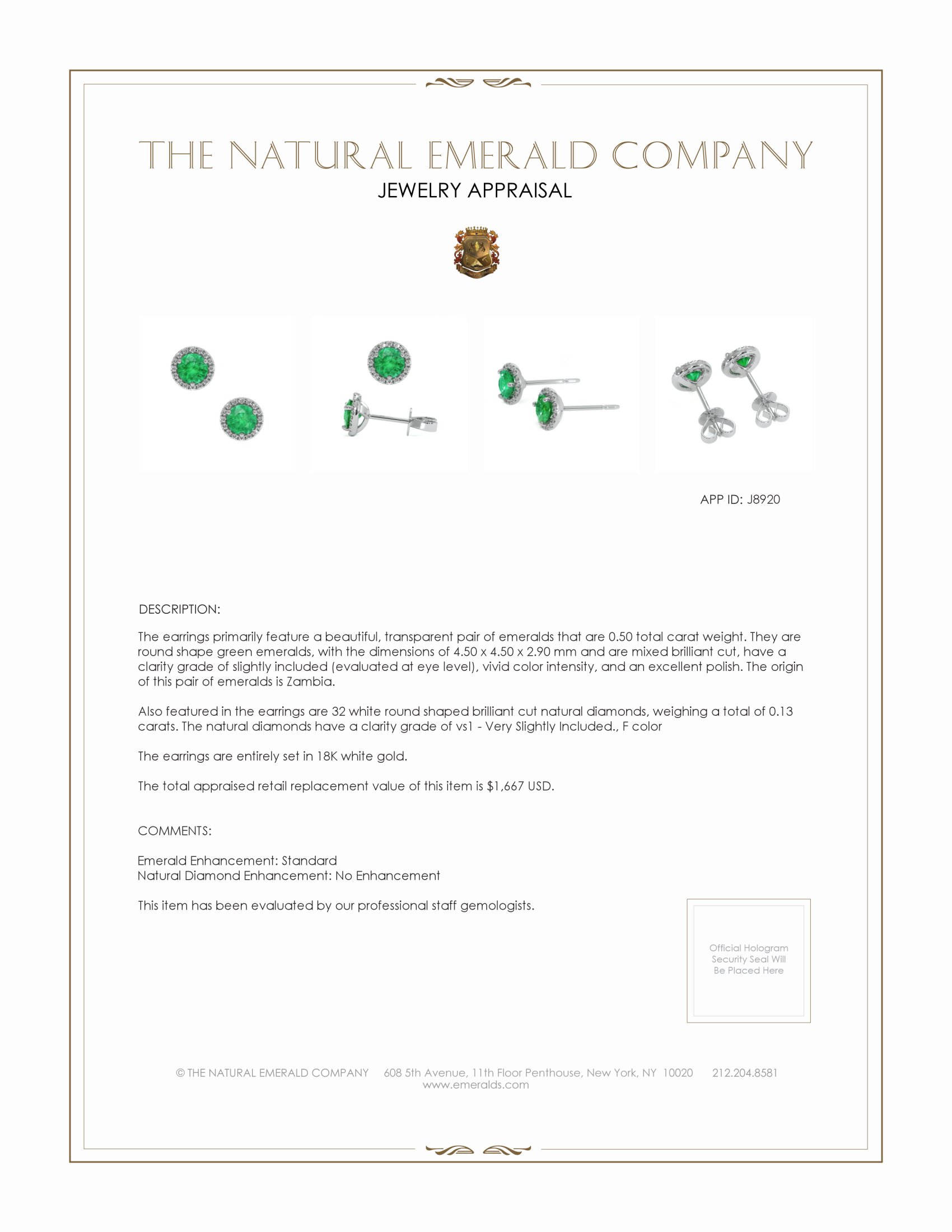 0.50 Ct.Tw. Emerald and Natural Diamond Studs Earrings, 18K White Gold