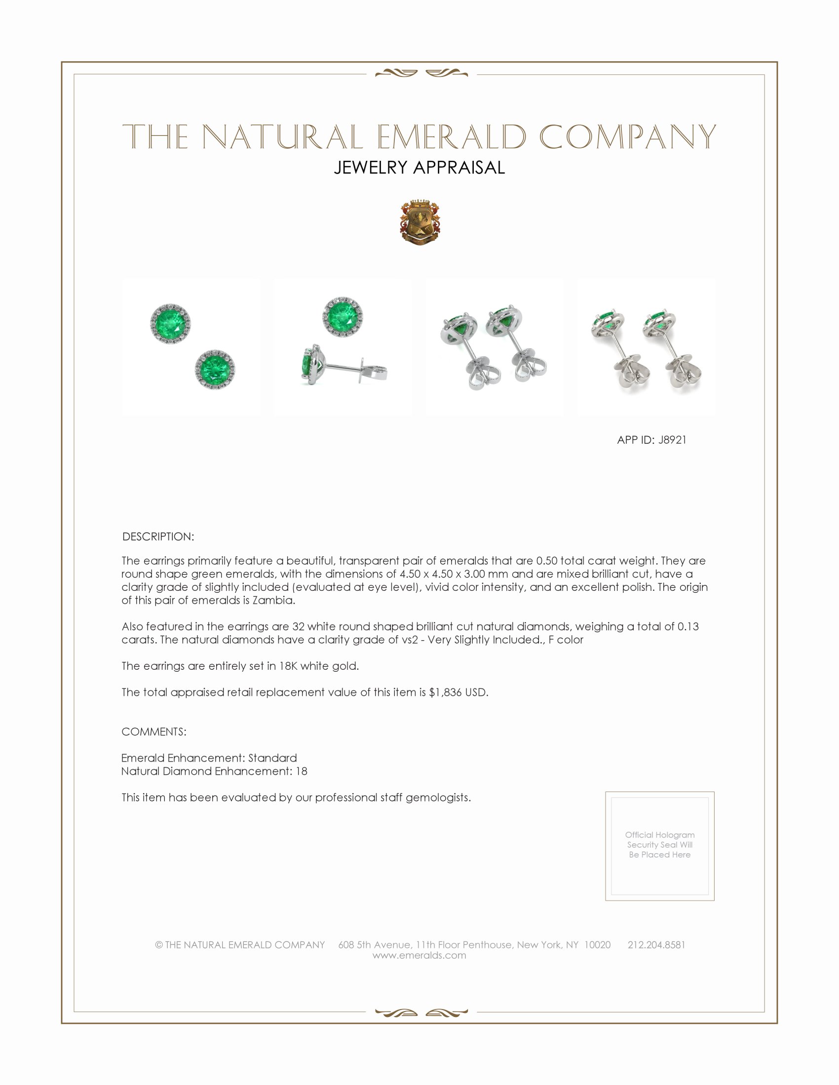 0.50 Ct.Tw. Emerald Natural Diamond Pave Earrings, 18K White Gold