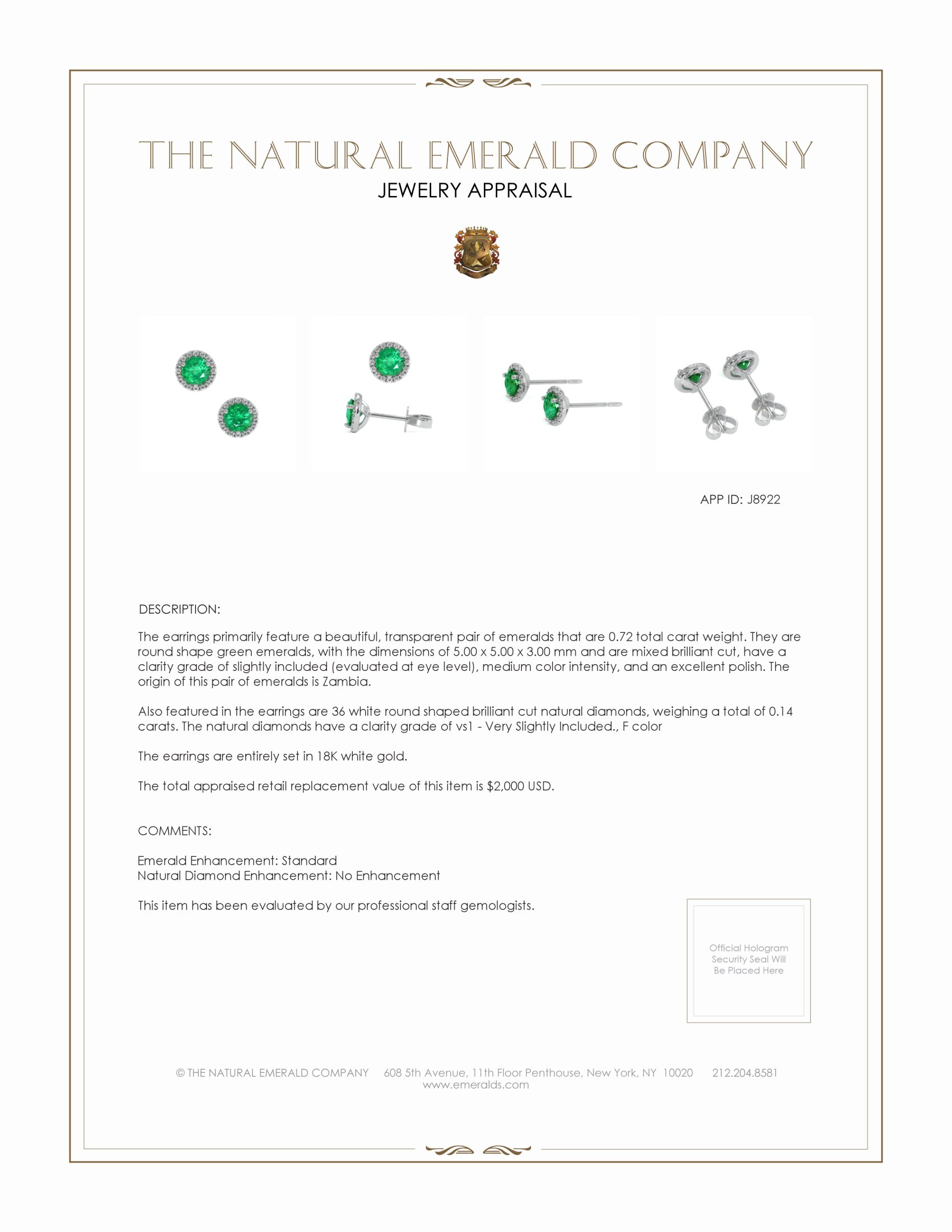 0.72 Ct.Tw. Emerald Natural Diamond Pave Earrings, 18K White Gold