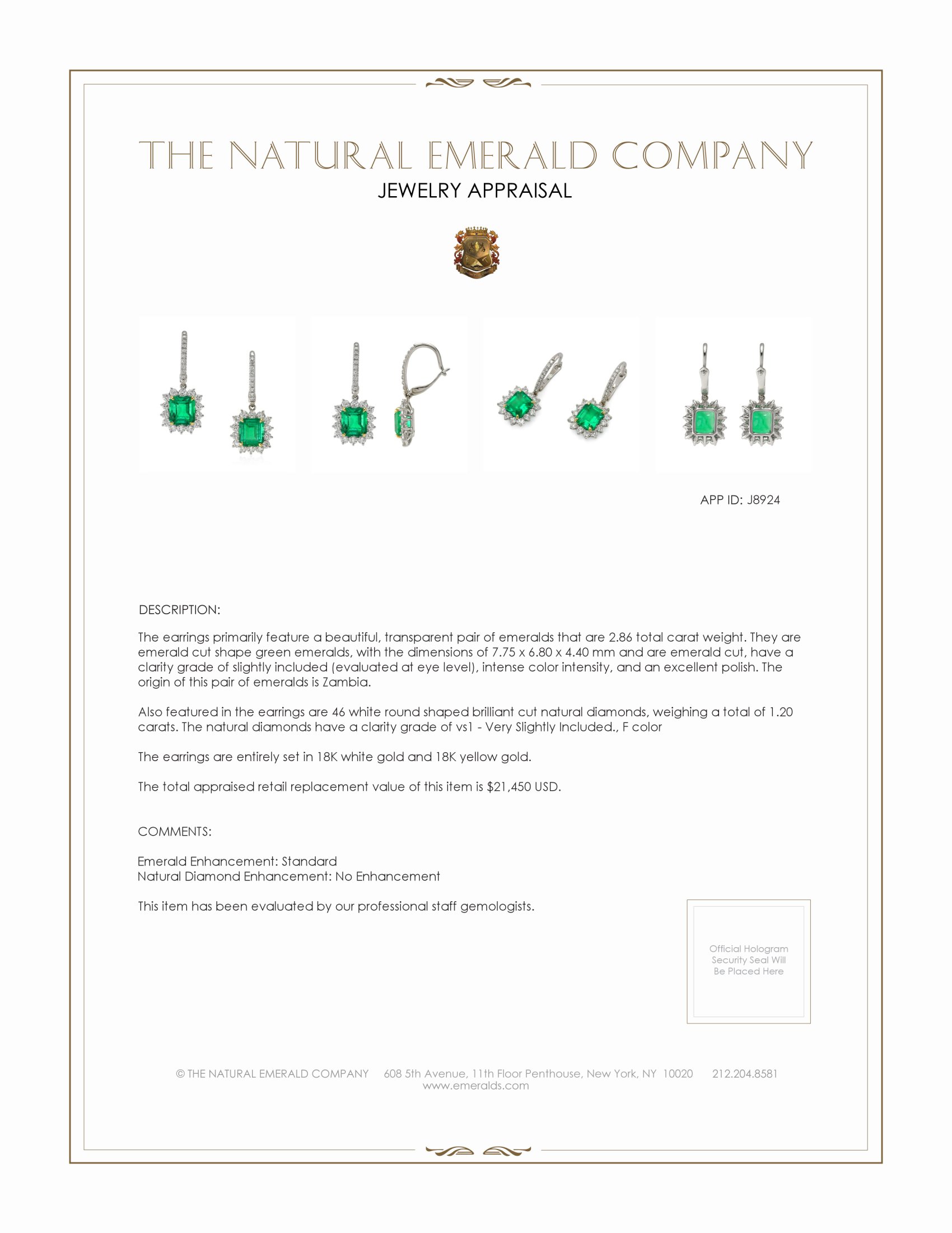 2.86 Ct.Tw. Emerald Natural Diamond Halo Earrings, 18K White & Yellow