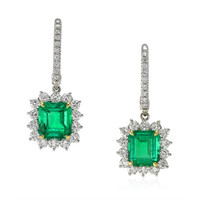 2.86 Ct.Tw. Emerald Natural Diamond Halo Earrings, 18K White & Yellow Video