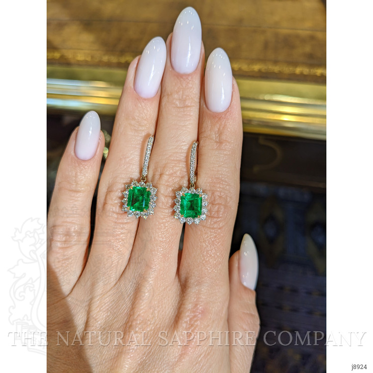 2.86 Ct.Tw. Emerald Natural Diamond Halo Earrings, 18K White & Yellow