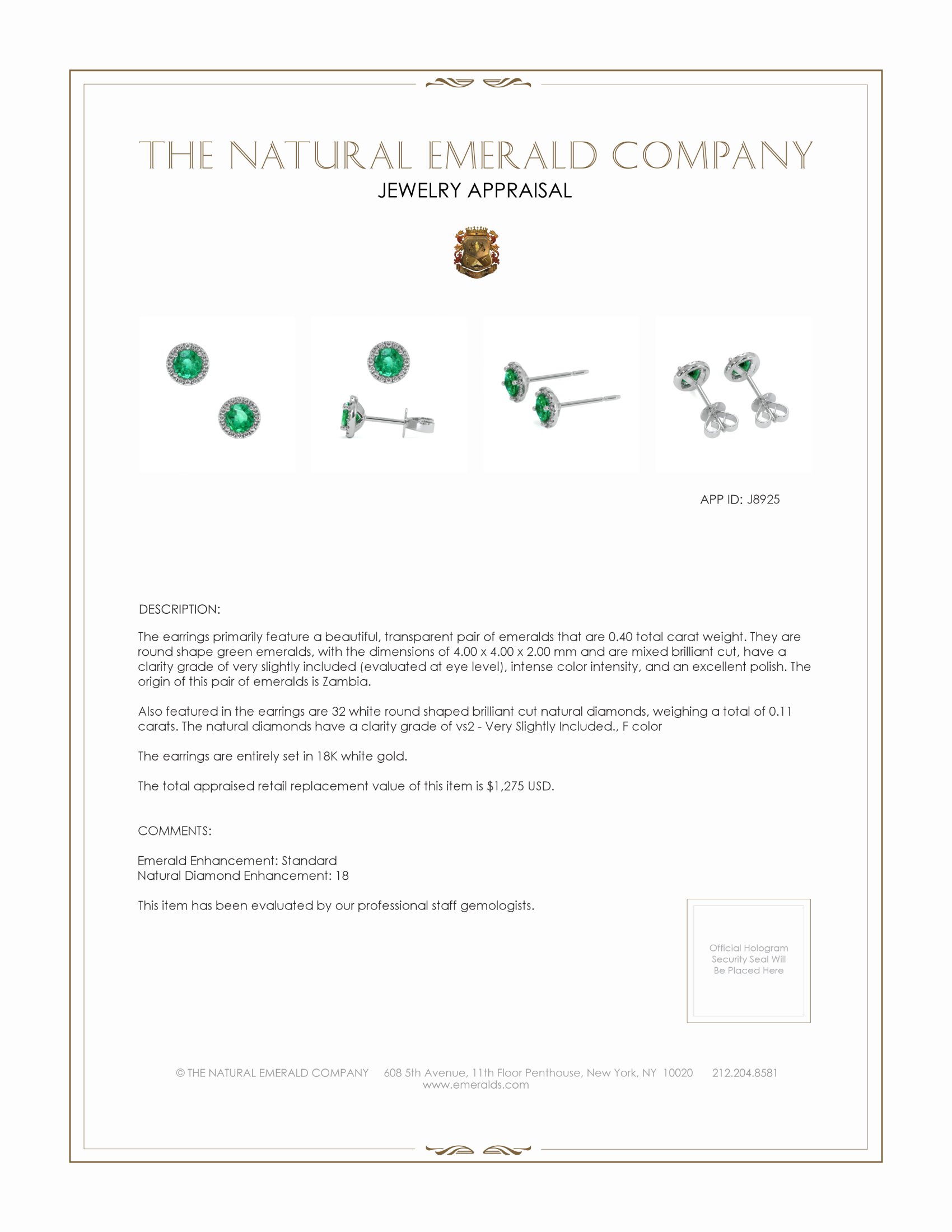 0.40 Ct.Tw. Emerald and Natural Diamond Studs Earrings, 18K White Gold