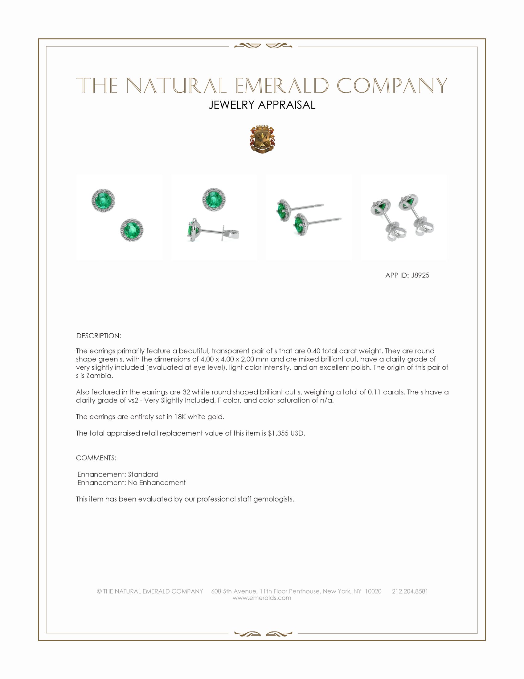 0.40 Ct.Tw. Emerald and Natural Diamond Studs Earrings, 18K White Gold