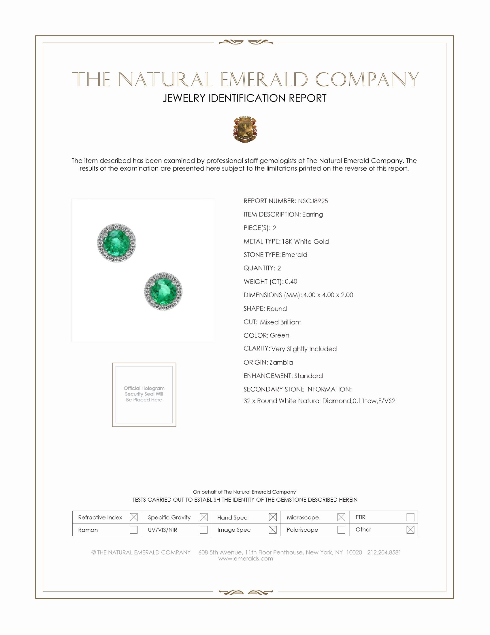 0.40 Ct.Tw. Emerald and Natural Diamond Studs Earrings, 18K White Gold