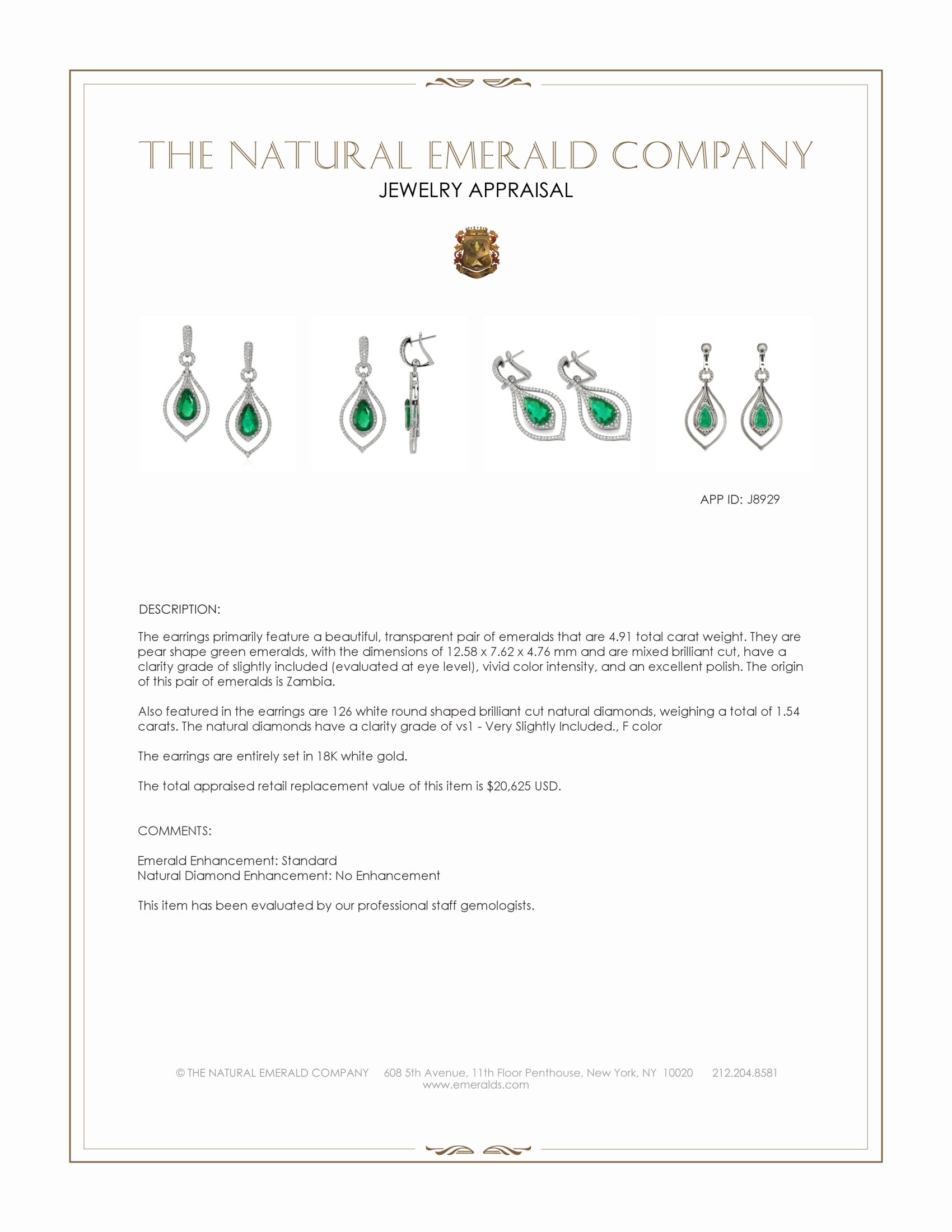4.91 Ct.Tw. Emerald and Natural Diamond Pave Earrings, 18K White Gold