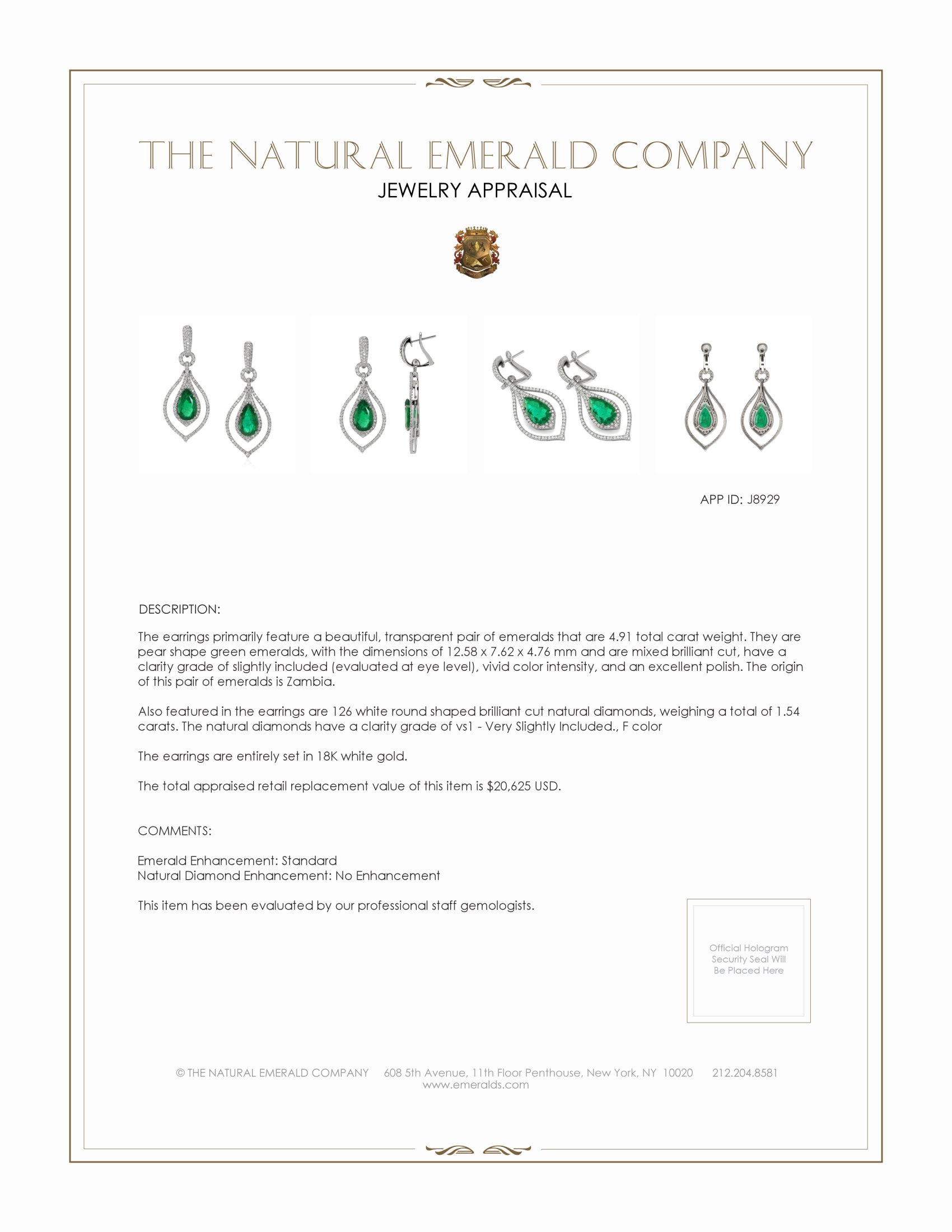 4.91 Ct.Tw. Emerald Natural Diamond Halo Earrings, 18K White Gold