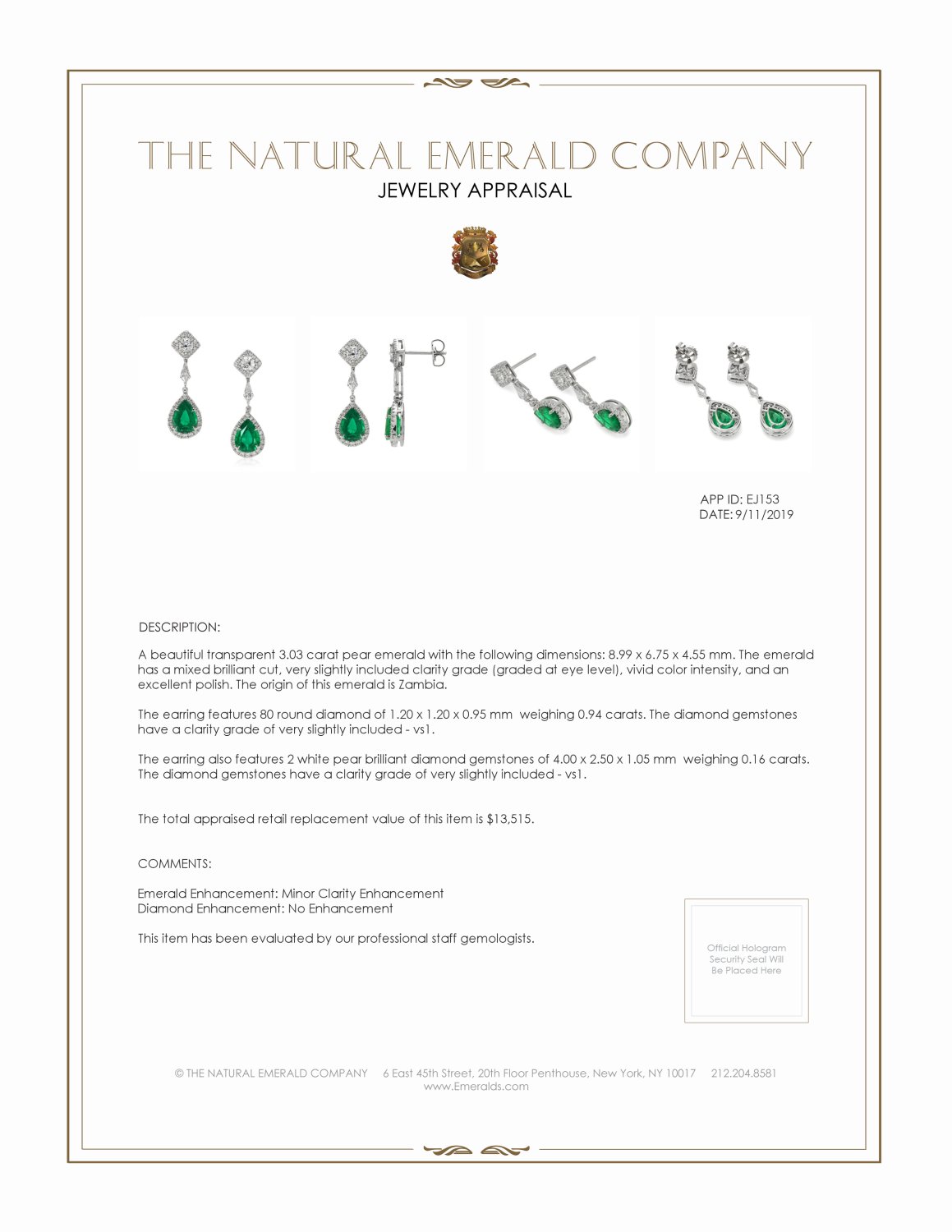 3.03 Ct.Tw. Emerald and Natural Diamond Earrings, 18K White Gold