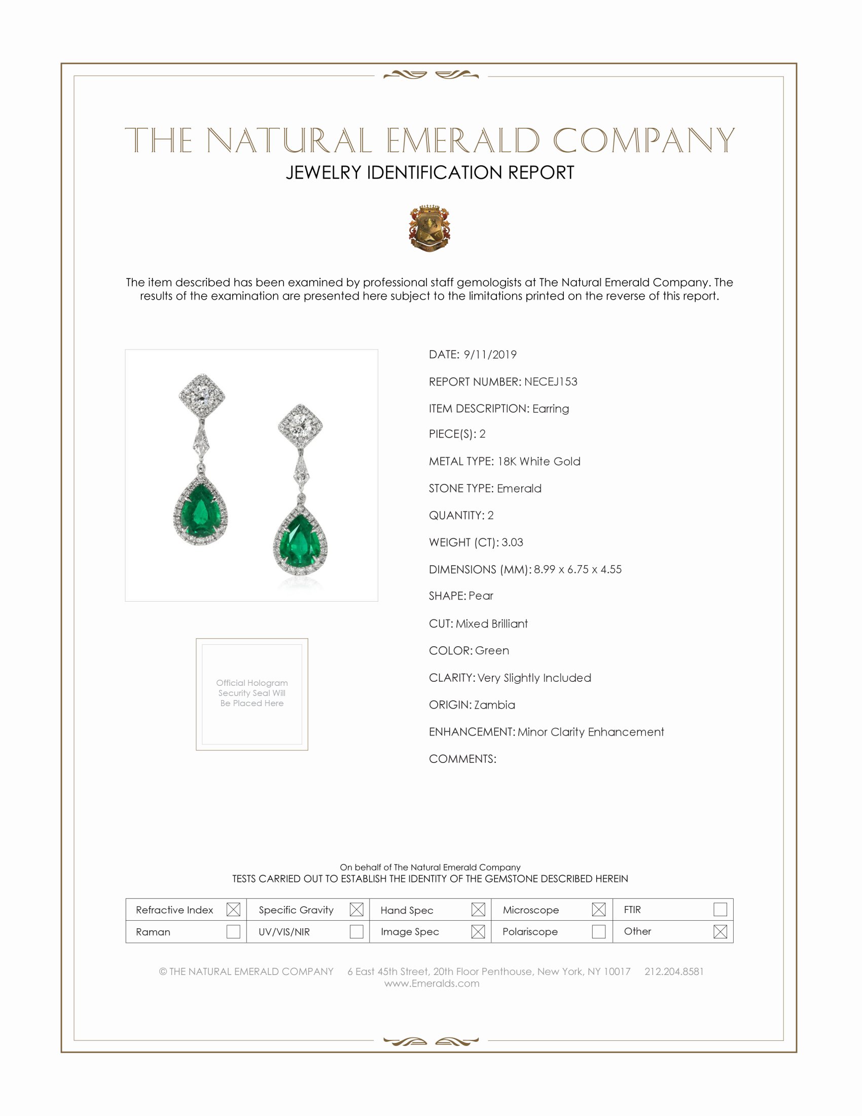 3.03 Ct.Tw. Emerald and Natural Diamond Earrings, 18K White Gold