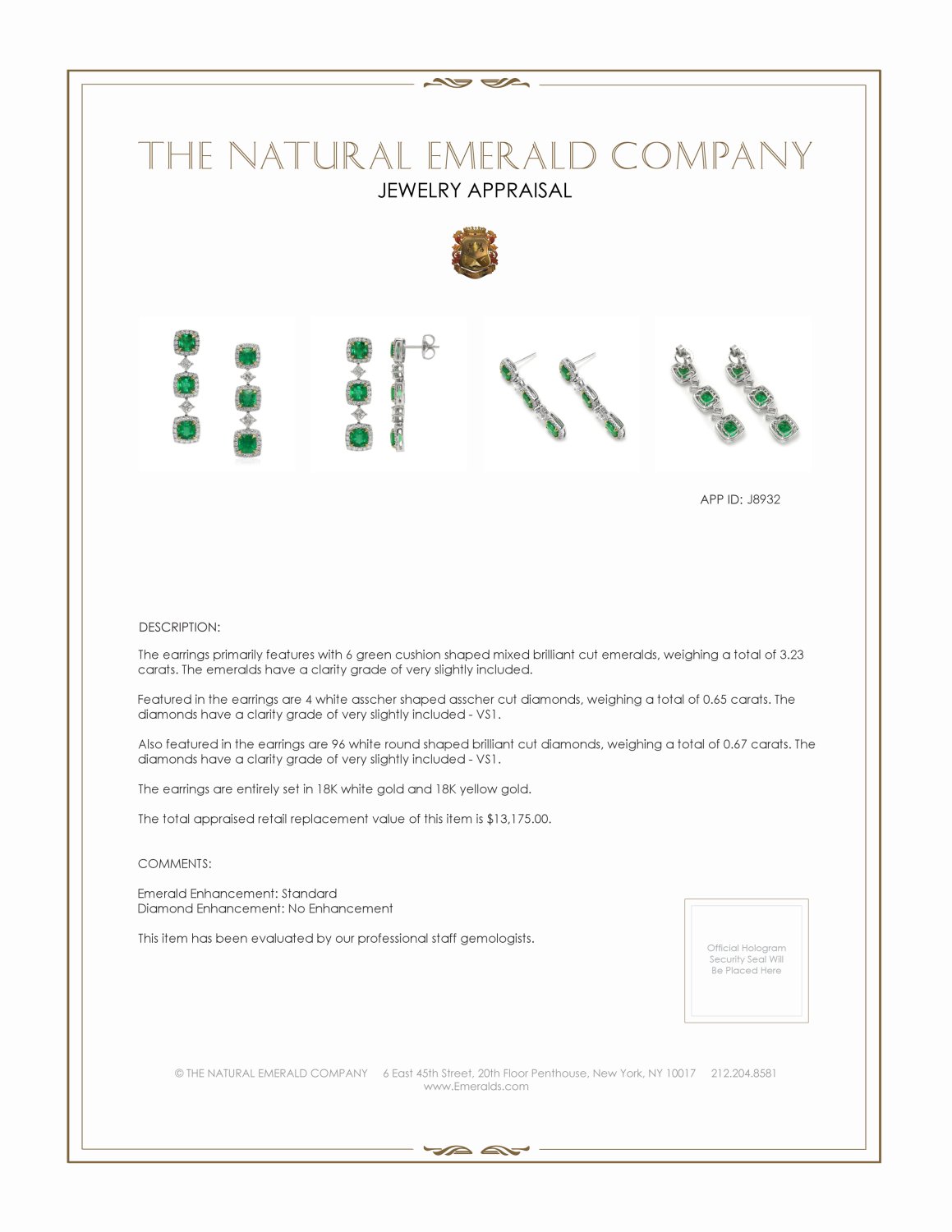 3.23 Ct.Tw. Emerald Natural Diamond Earrings, 18K White & Yellow