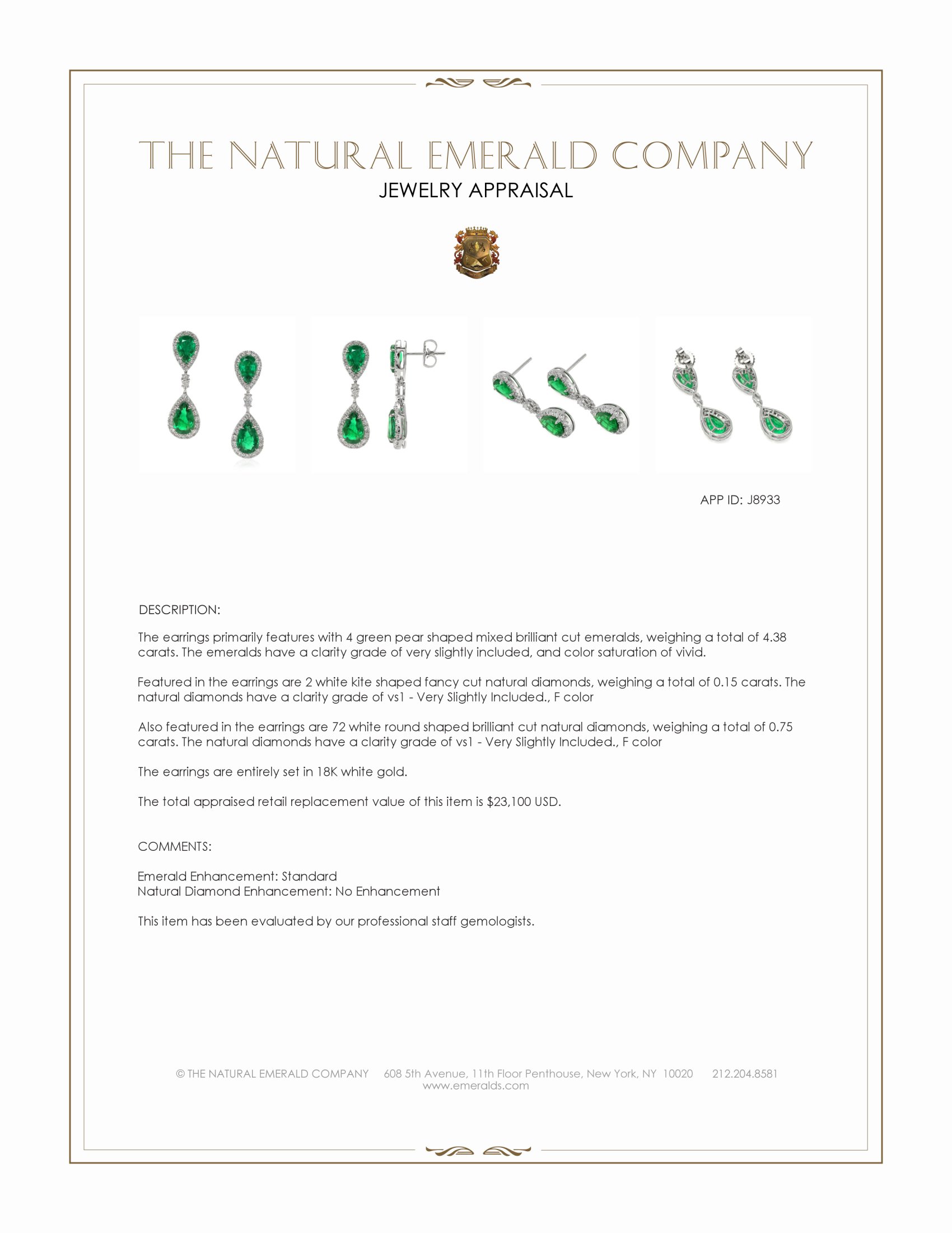 4.38 Ct.Tw. Emerald and Natural Diamond Pave Earrings, 18K White Gold