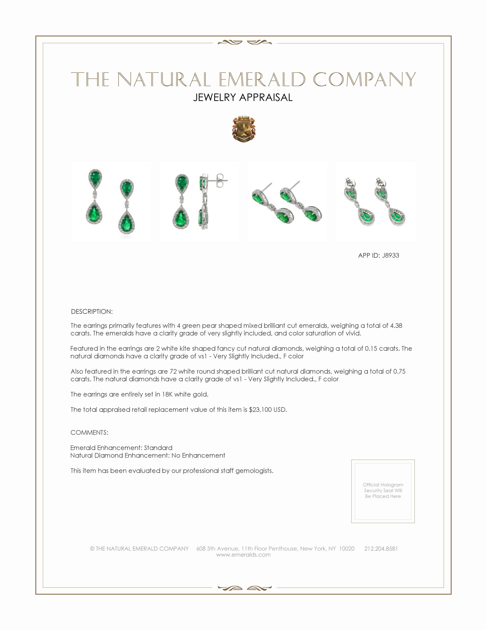 4.38 Ct.Tw. Emerald Natural Diamond Pave Earrings, 18K White Gold