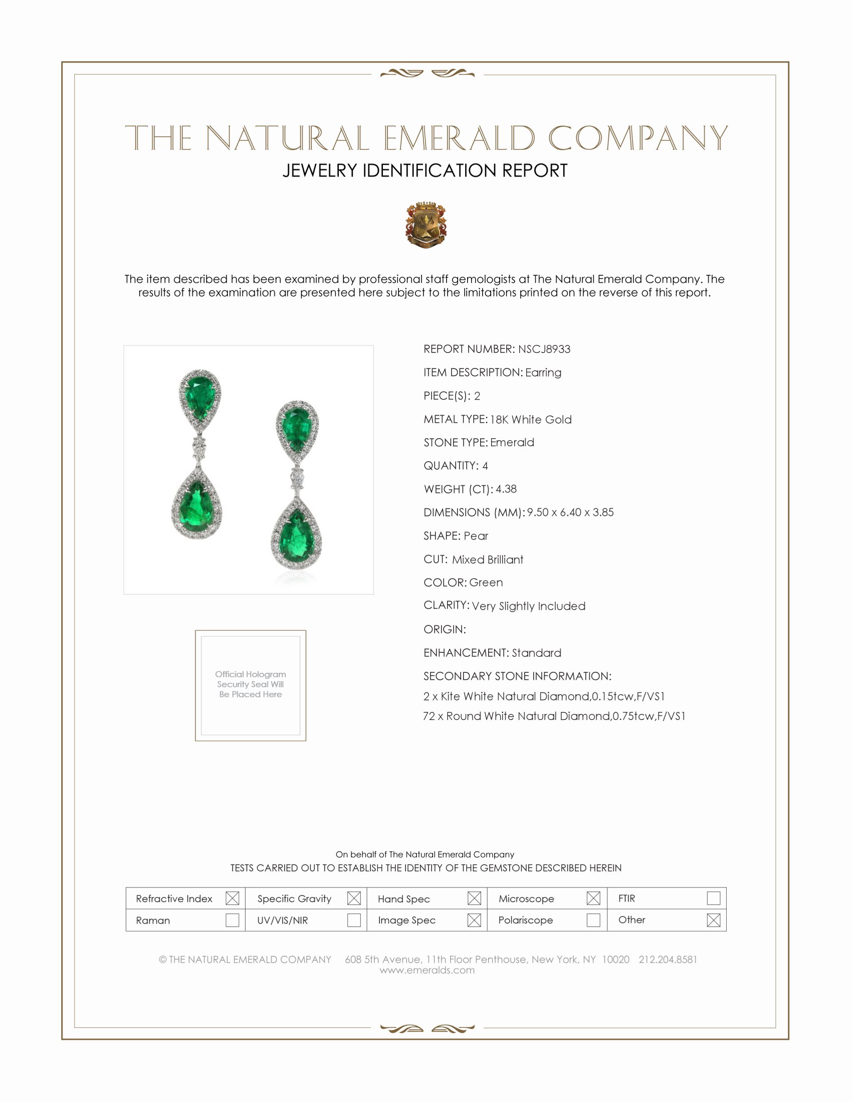 4.38 Ct.Tw. Emerald Natural Diamond Pave Earrings, 18K White Gold