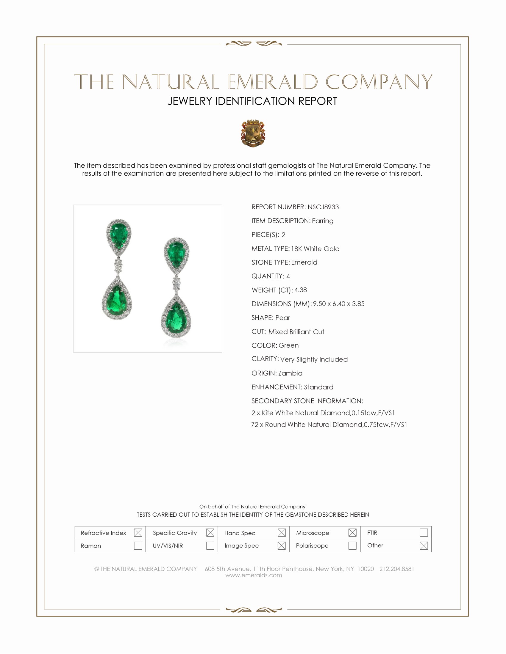 4.38 Ct.Tw. Emerald and Natural Diamond Pave Earrings, 18K White Gold