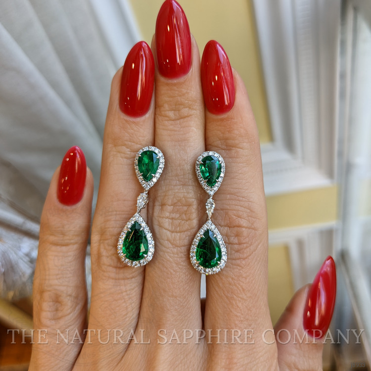 4.38 Ct.Tw. Emerald Natural Diamond Pave Earrings, 18K White Gold