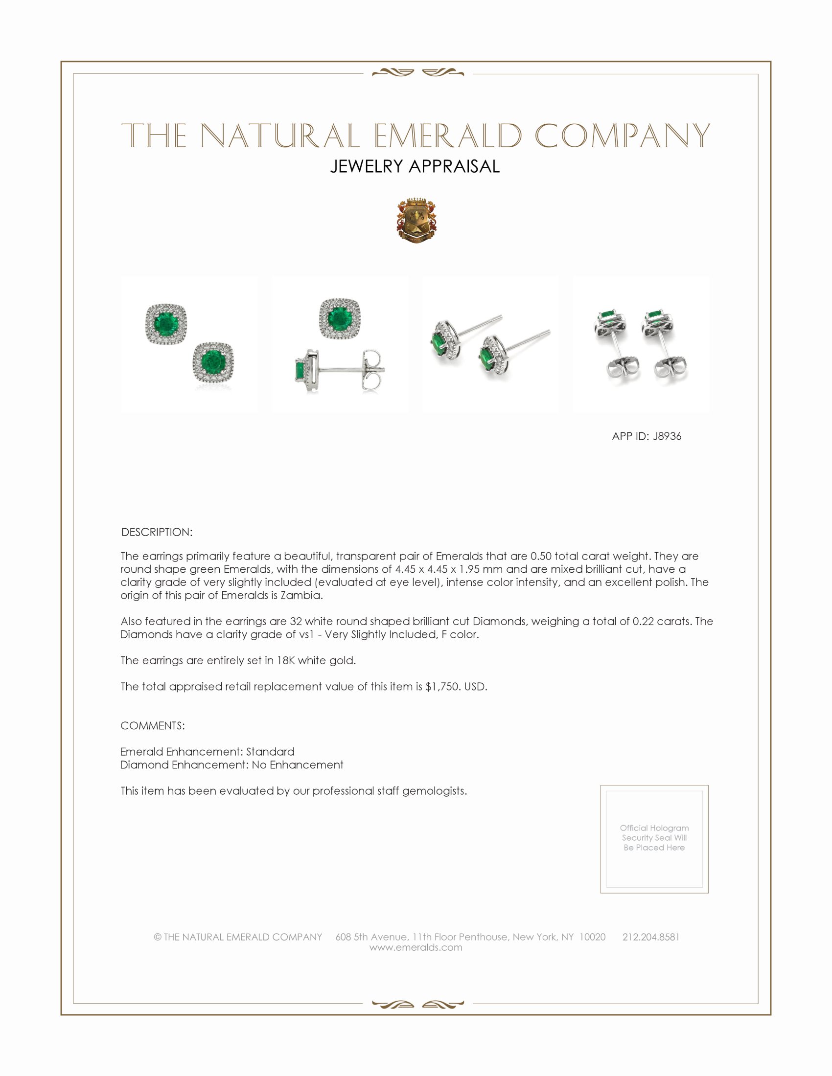 0.50 Ct.Tw. Emerald Natural Diamond Pave Earrings, 18K White Gold