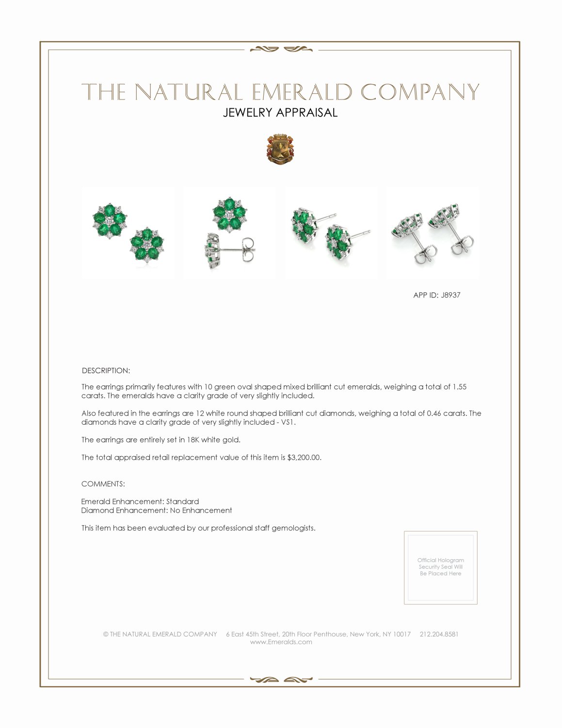 1.55 Ct.Tw. Emerald and Natural Diamond Earrings, 18K White Gold