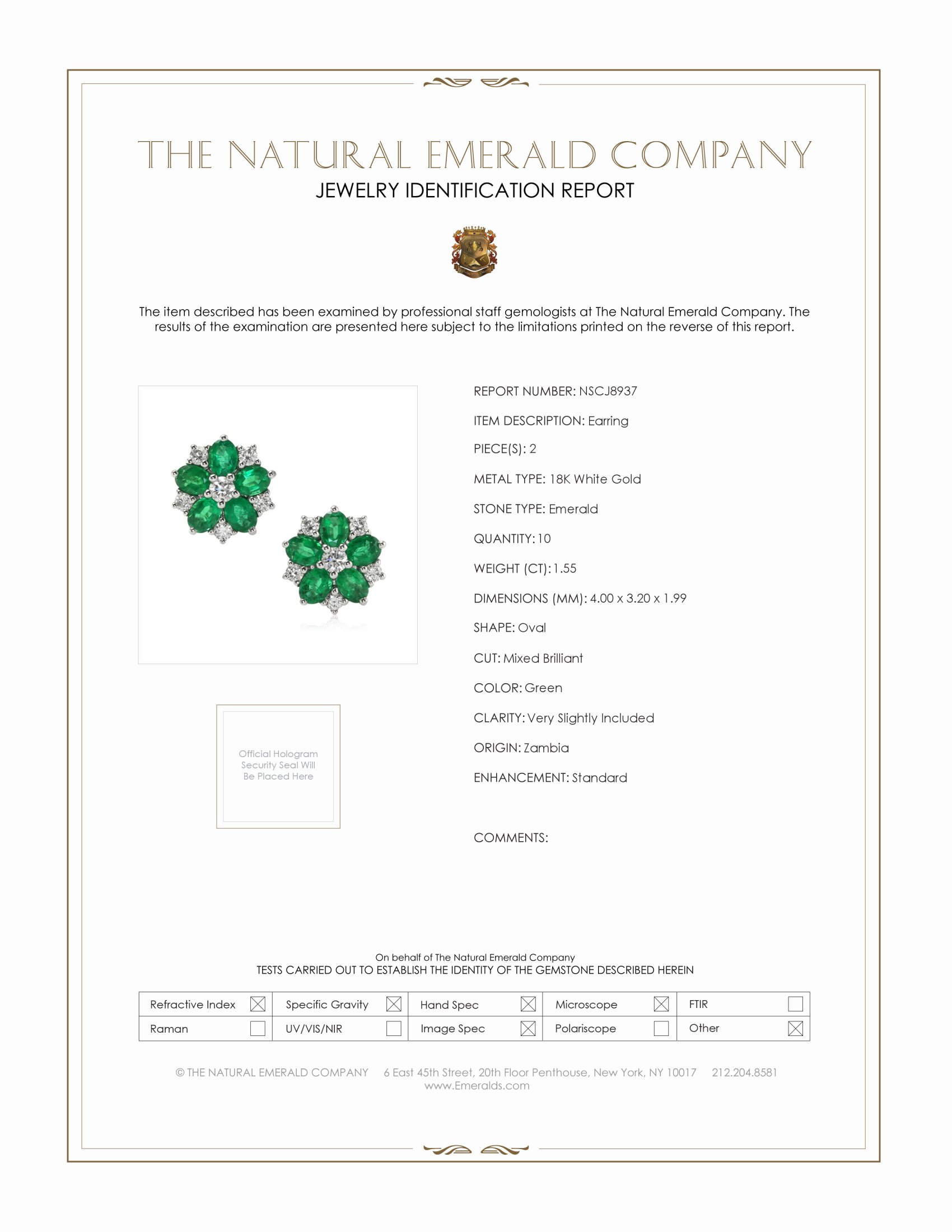 1.55 Ct.Tw. Emerald and Natural Diamond Earrings, 18K White Gold