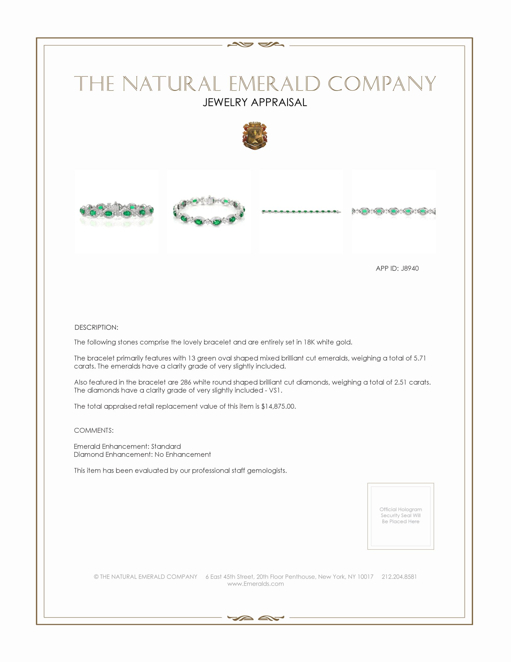 5.71 Ct.Tw. Emerald and Natural Diamond Bracelet, 18K White Gold